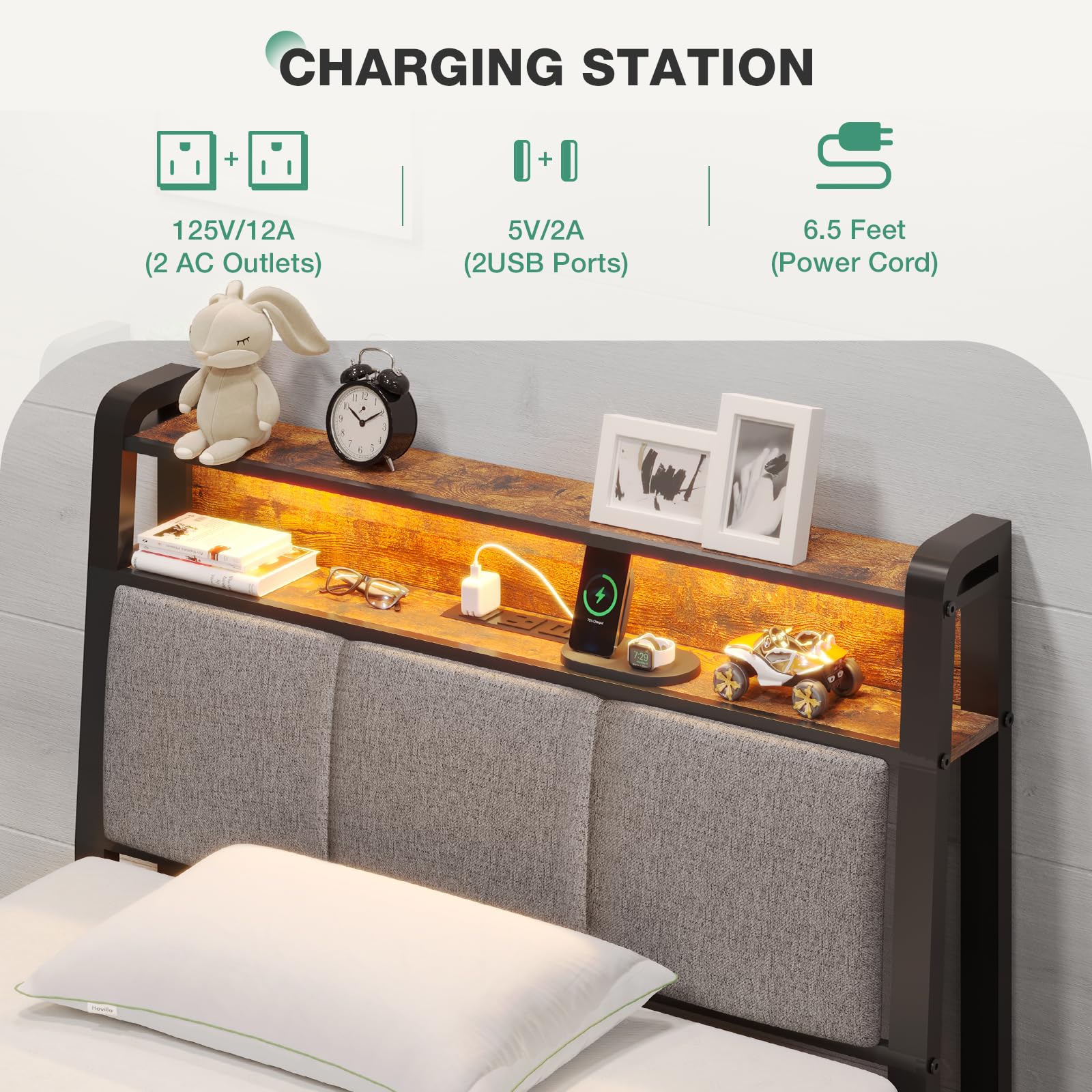 Twin Bed Frame for Kids with LED Lights, Charging Station, Storage Headboard & Sturdy Slats – No Box Spring Needed, Easy Setup