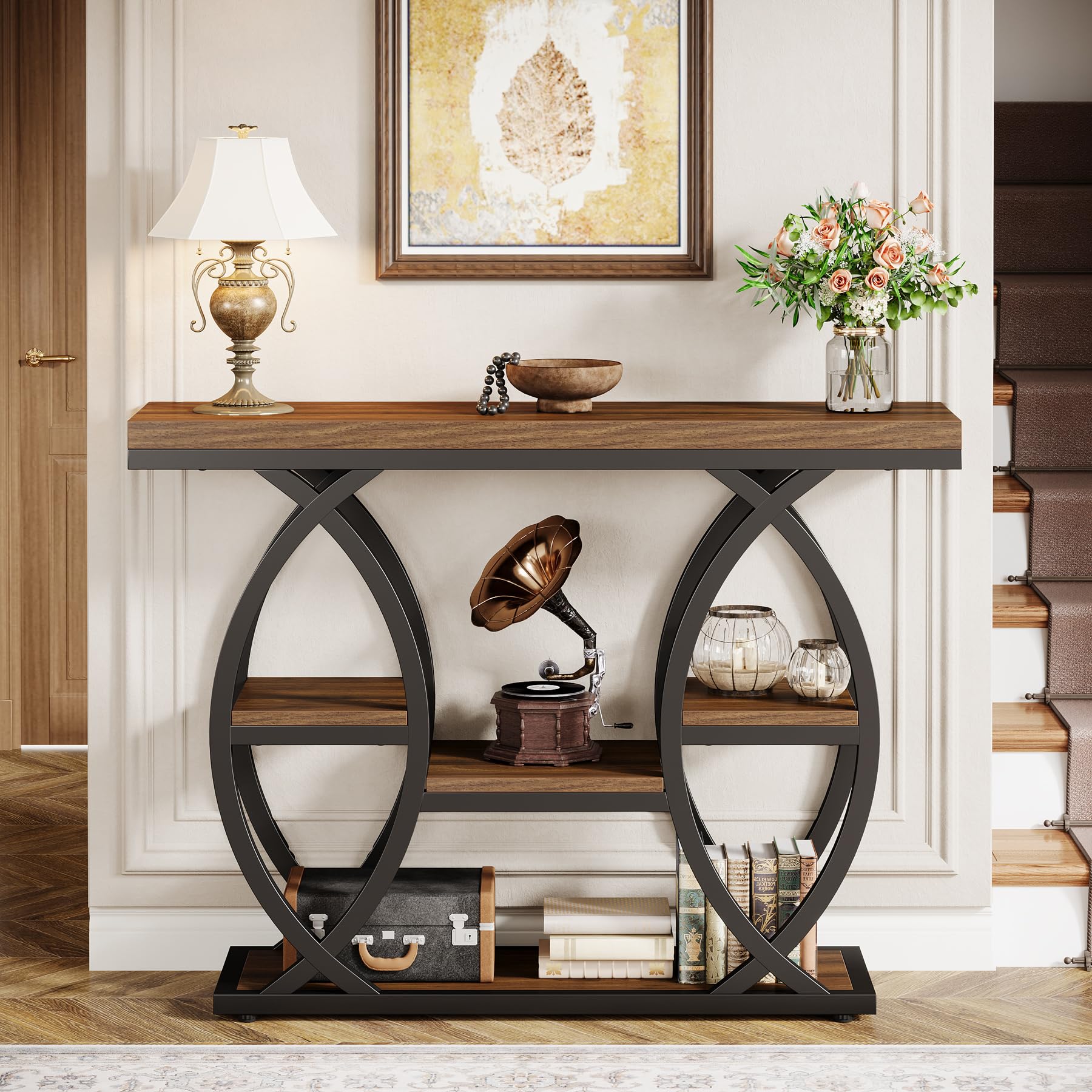 39.4" Industrial Console Table, 4-Tier Entryway Sofa Table with Storage Shelves, Narrow Wood Accent Table for Small Spaces, Rustic Brown