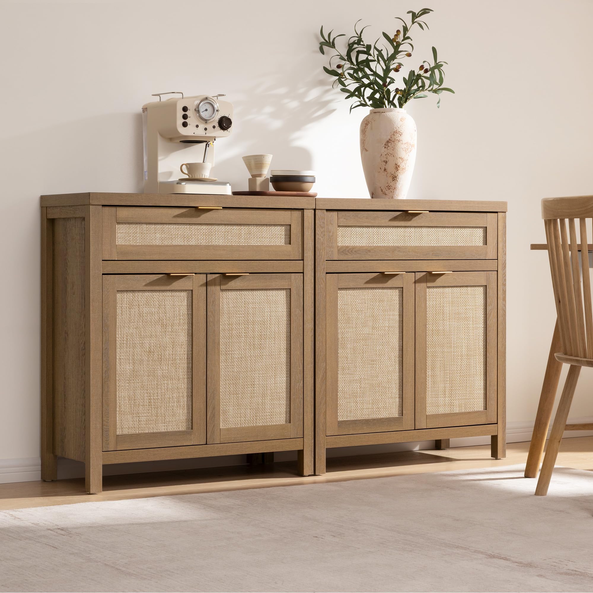 Sideboard Buffet Cabinet Set of 2, Rattan Credenza Storage Cabinet, Boho Buffet Table Console Cabinets with Drawer, Farmhouse Coffee Bar