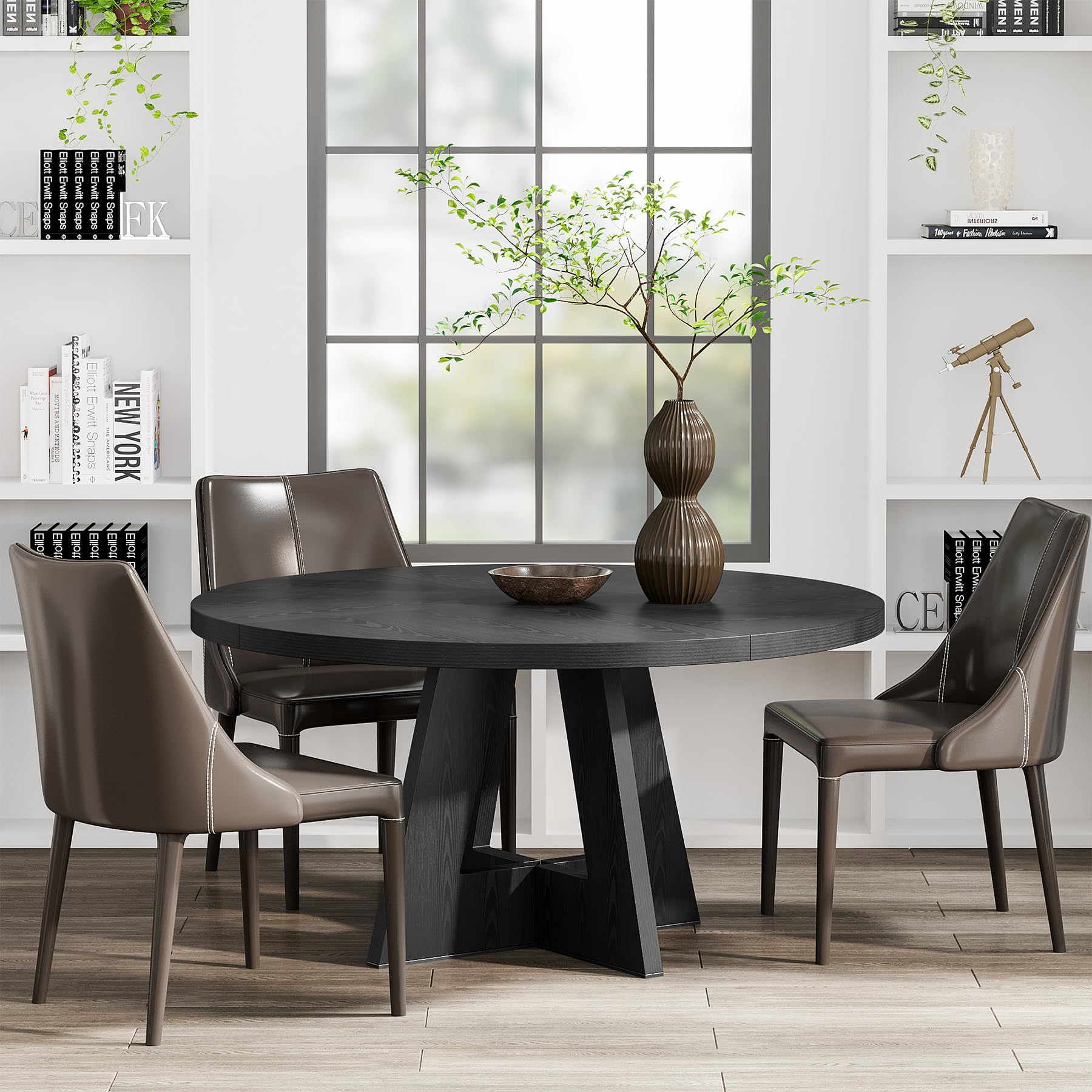 Round Dining Table Wood Kitchen Table for Dining Room, 47 in Dinning Room Tables for 4 Man, Farmhouse Dinner Table with Wooden Tabletop