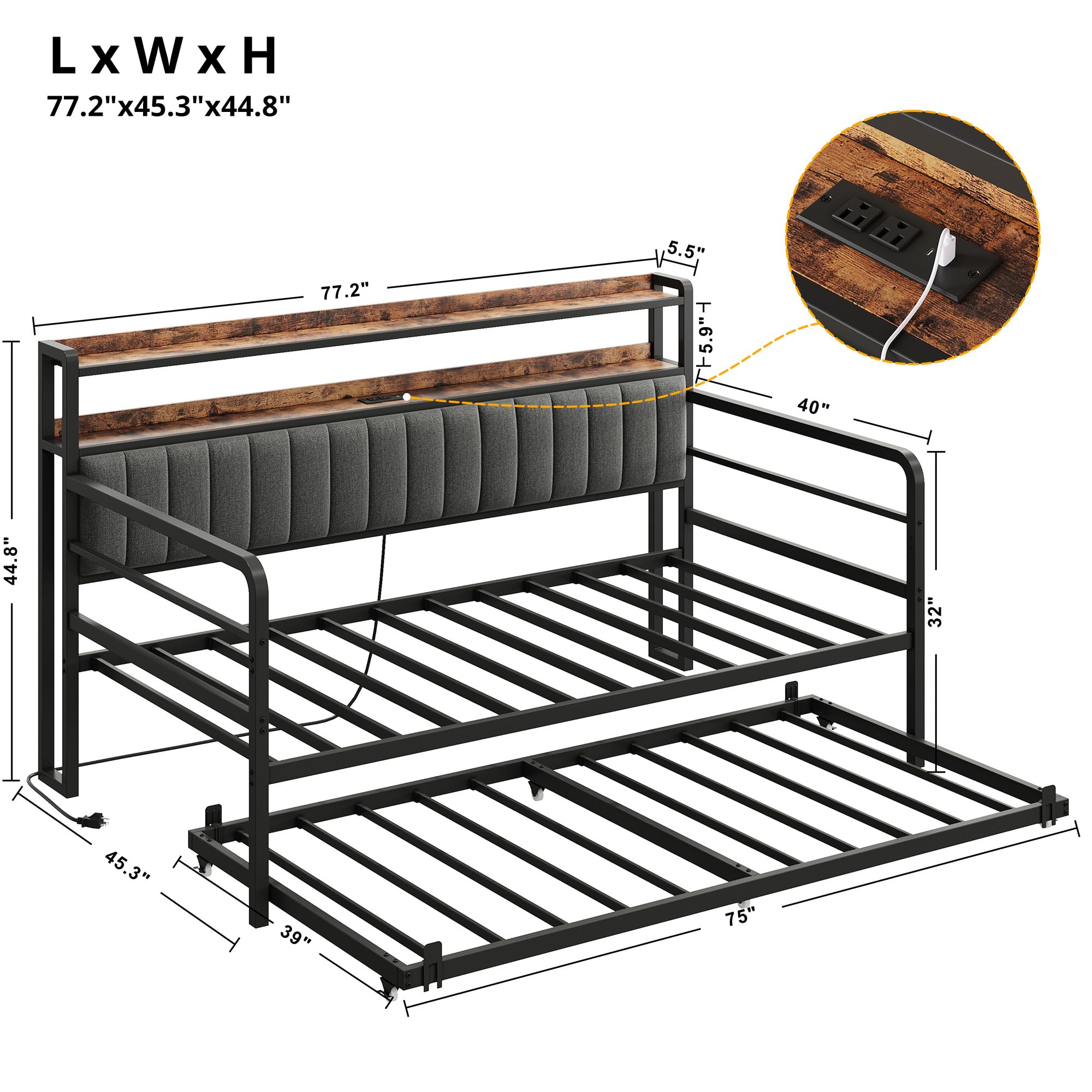 Twin Daybed with Trundle, LED Lights, Charging Station, 2-Tier Storage Shelves & Upholstered Headboard, Metal Frame, Bedroom