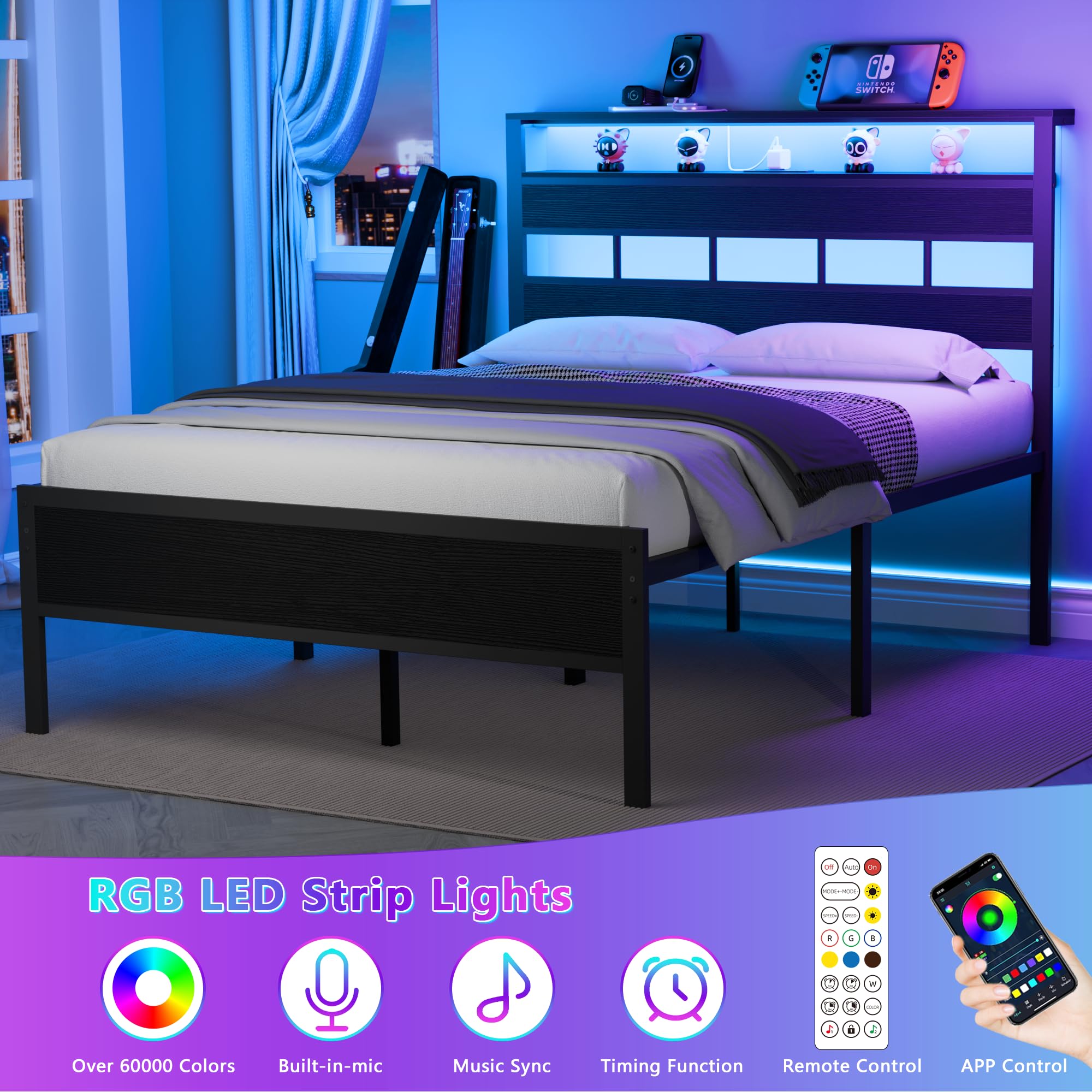 Full Size Bed Frame with LED Light and Charging Station, Wood Storage Headboard with 2-Tier Shelves, Metal Platform Bed with Heavy Duty Slat