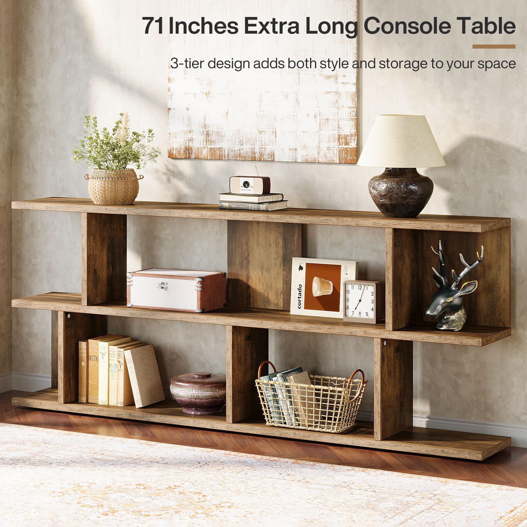 71 Inches Extra Long Sofa Table Behind Couch, 3-Tier Farmhouse Console Table, Long Foyer Table with Storage for Hallway, Entryway & Living Room