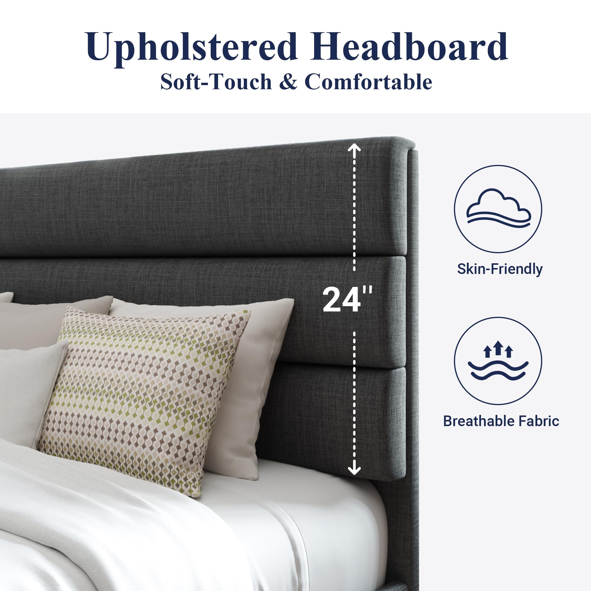 Queen Size Platform Bed Frame with Fabric Upholstered Headboard and Wooden Slats Support, Fully Upholstered Mattress Foundation//, Dark Grey
