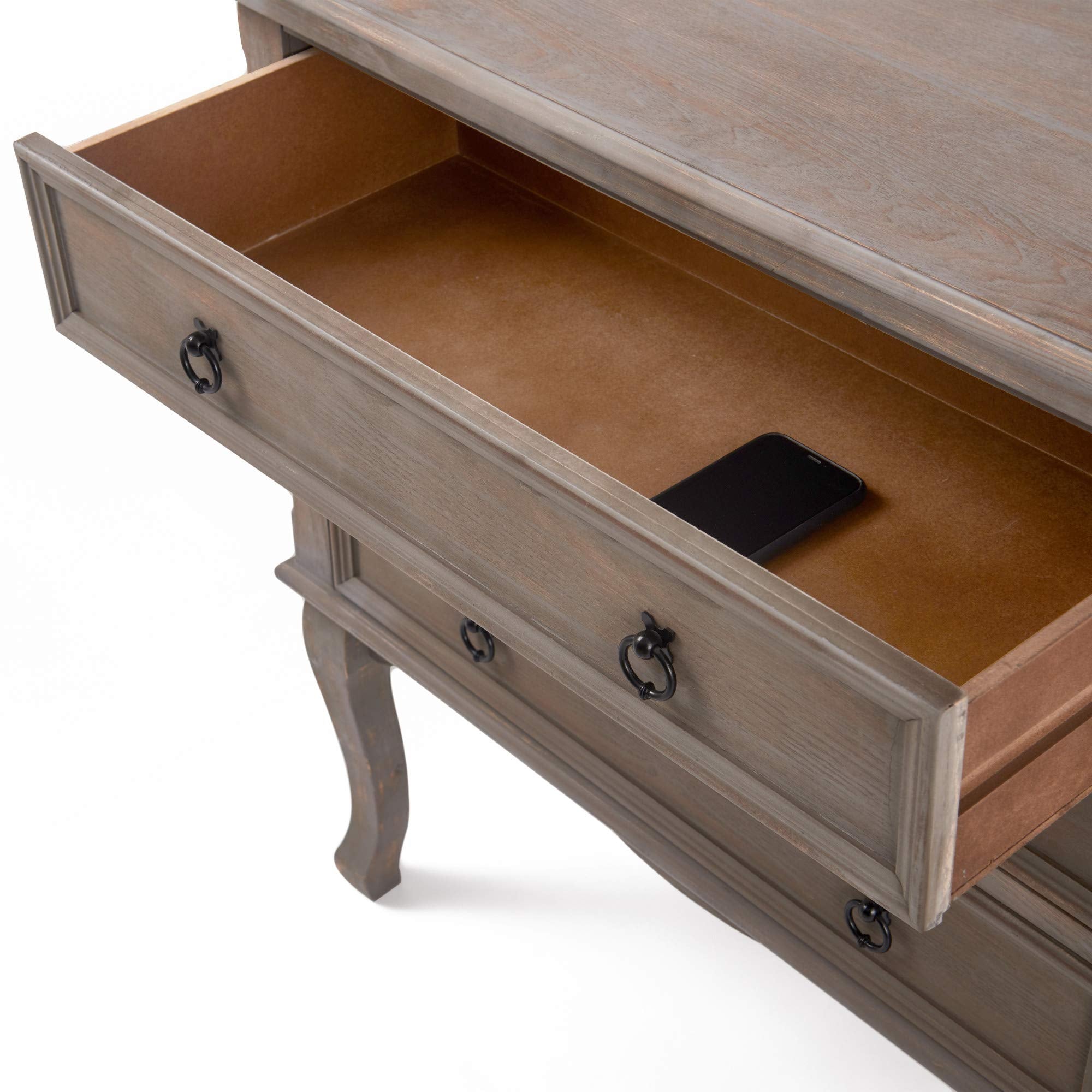 Thomas Antique Country Style Dresser Chest with 3 Drawers, Weathered Wood Nightstand Living Room Accent Furniture, Black Ring Handle, Curved Legs, Grey