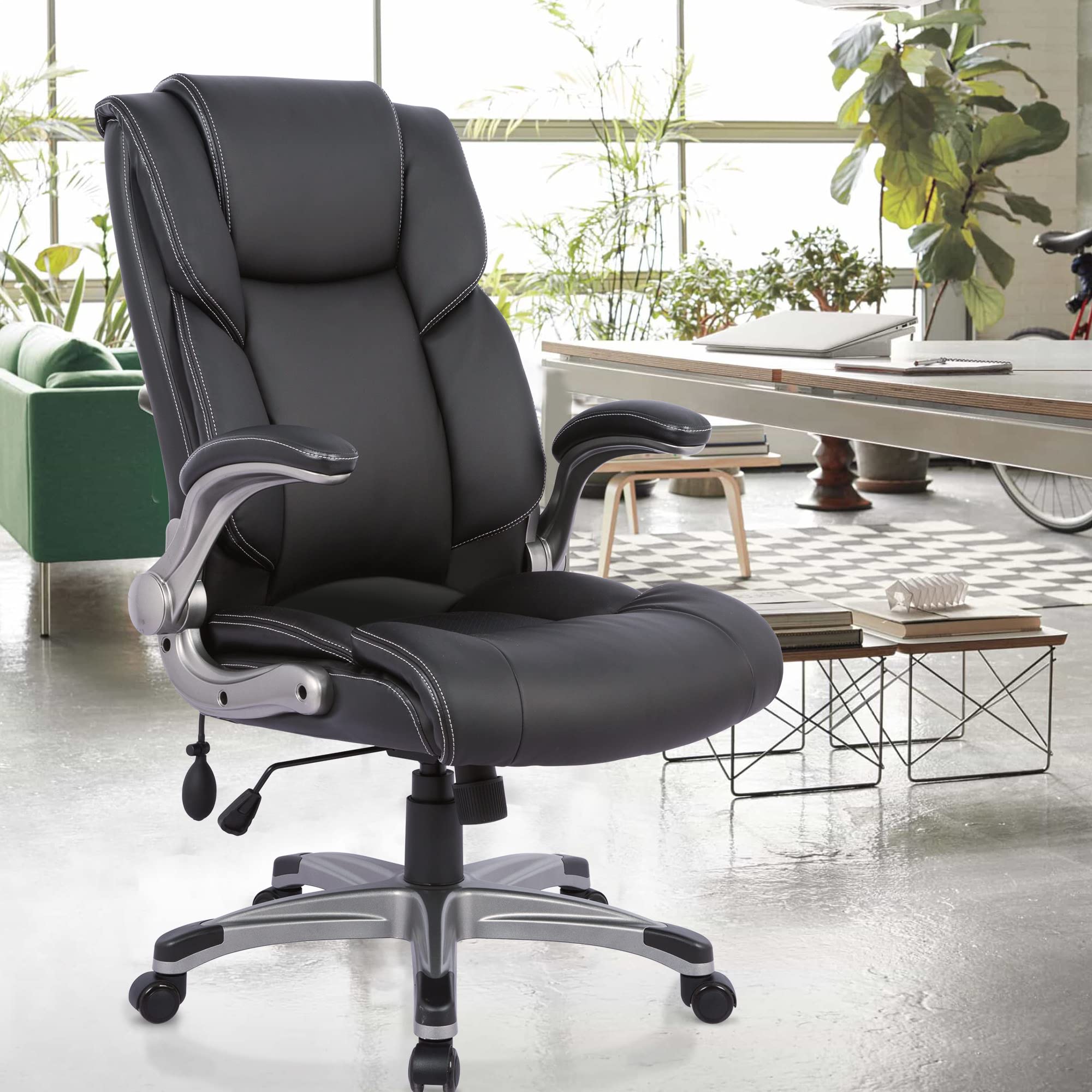 High Back Executive Office Chair, Ergonomic Leather Desk Chair with Padded Flip-Up Arms, Tilt Lock & Swivel for Home Office, Black