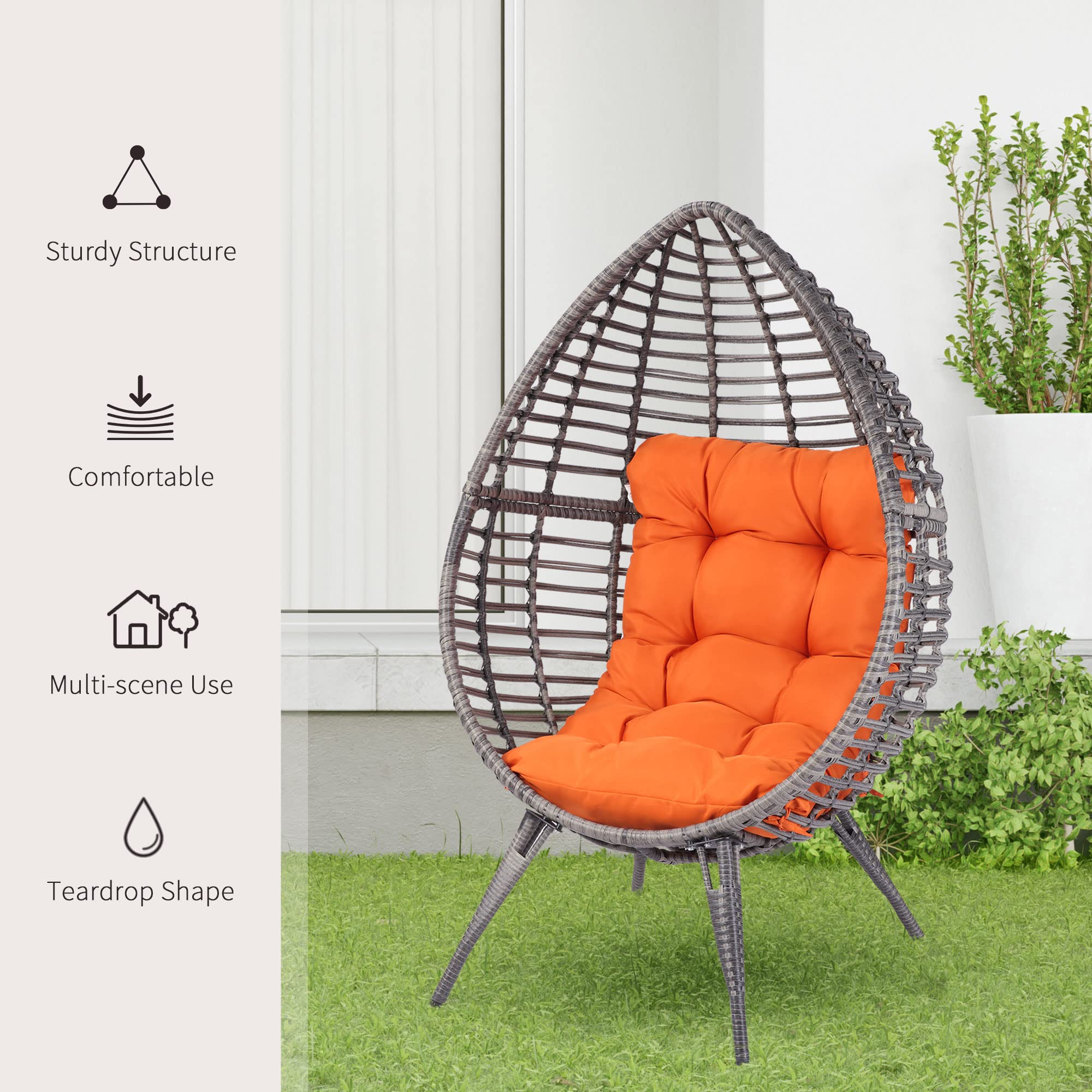 Patio Wicker Egg Chair with Soft Cushion, Teardrop Cuddle Seat, Indoor/Outdoor Rattan Chair with Adjustable Feet Pads, Orange