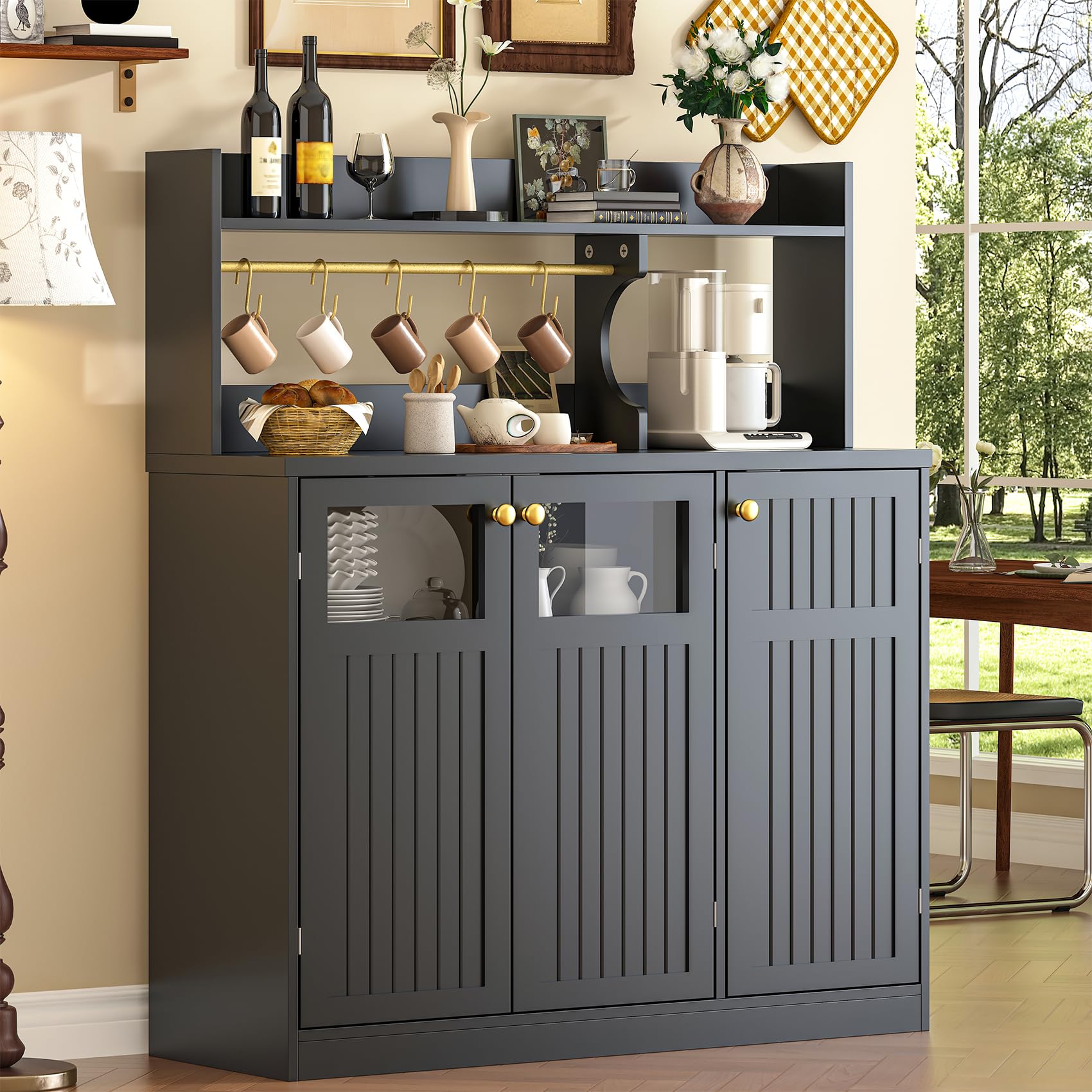 48'' Tall Buffet Sideboard Cabinet with 3 Doors and 5-Tier Shelf, Buffet Table Coffee Bar Wine Bar Storage Cabinet with Hooks for Dining