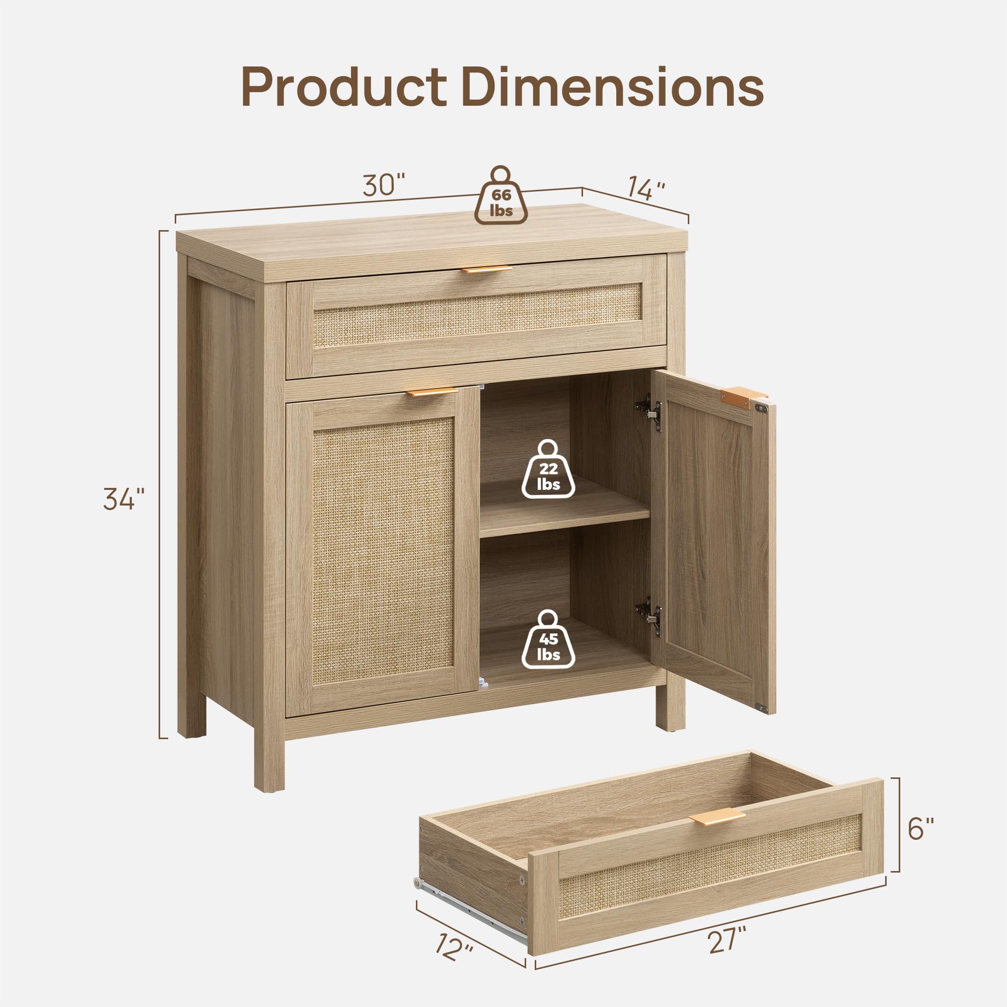 Sideboard Buffet Storage Cabinet Set of 2, Rattan Credenza Buffet Table, Boho Console Accent Cabinet with Doors and Drawer, Coffee Bar