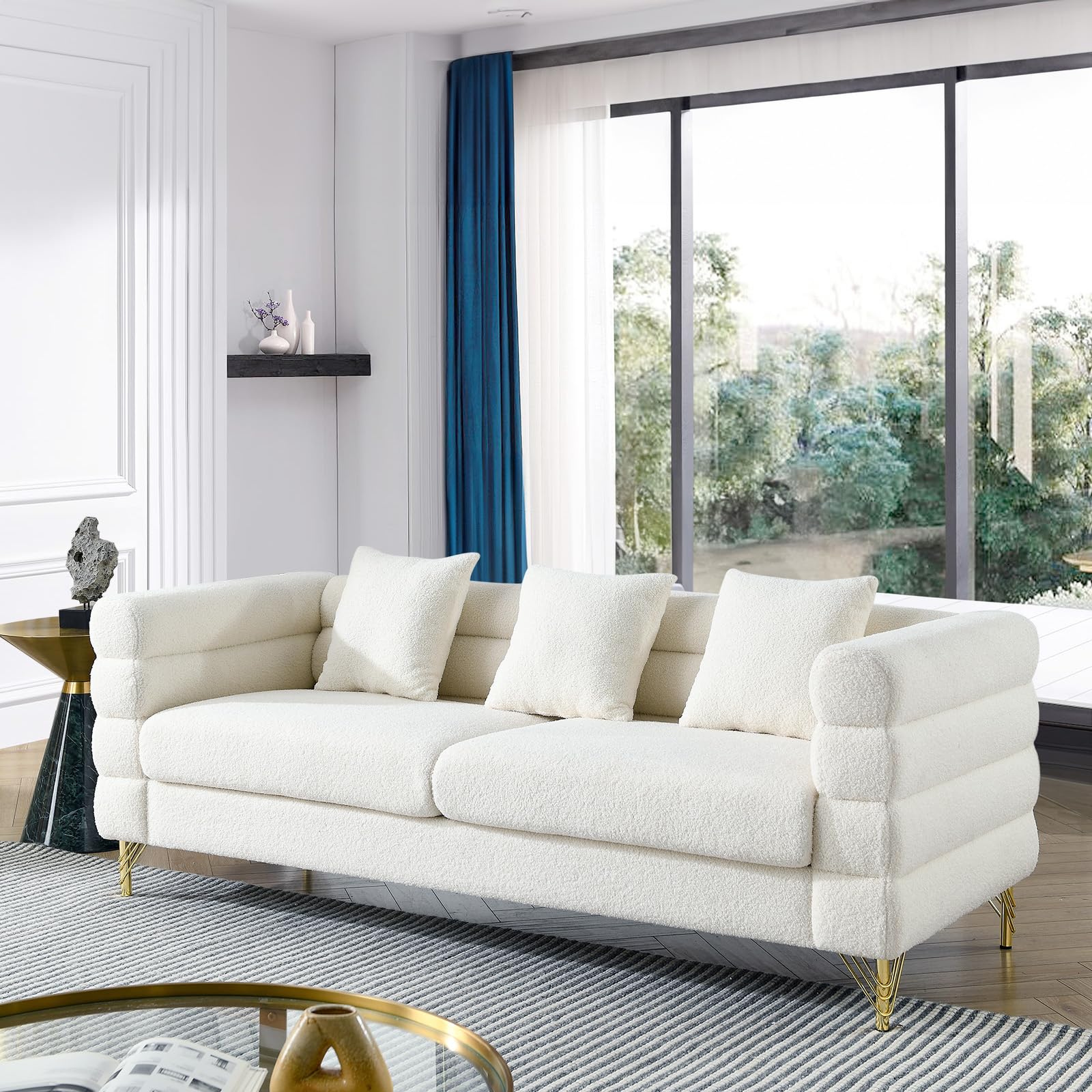 81" Modern Sofa Couch, Teddy Bouclé Oversized 3-Seater Loveseat with Deep Seats, Gold Legs & Pillows, for Living Room, Bedroom, White