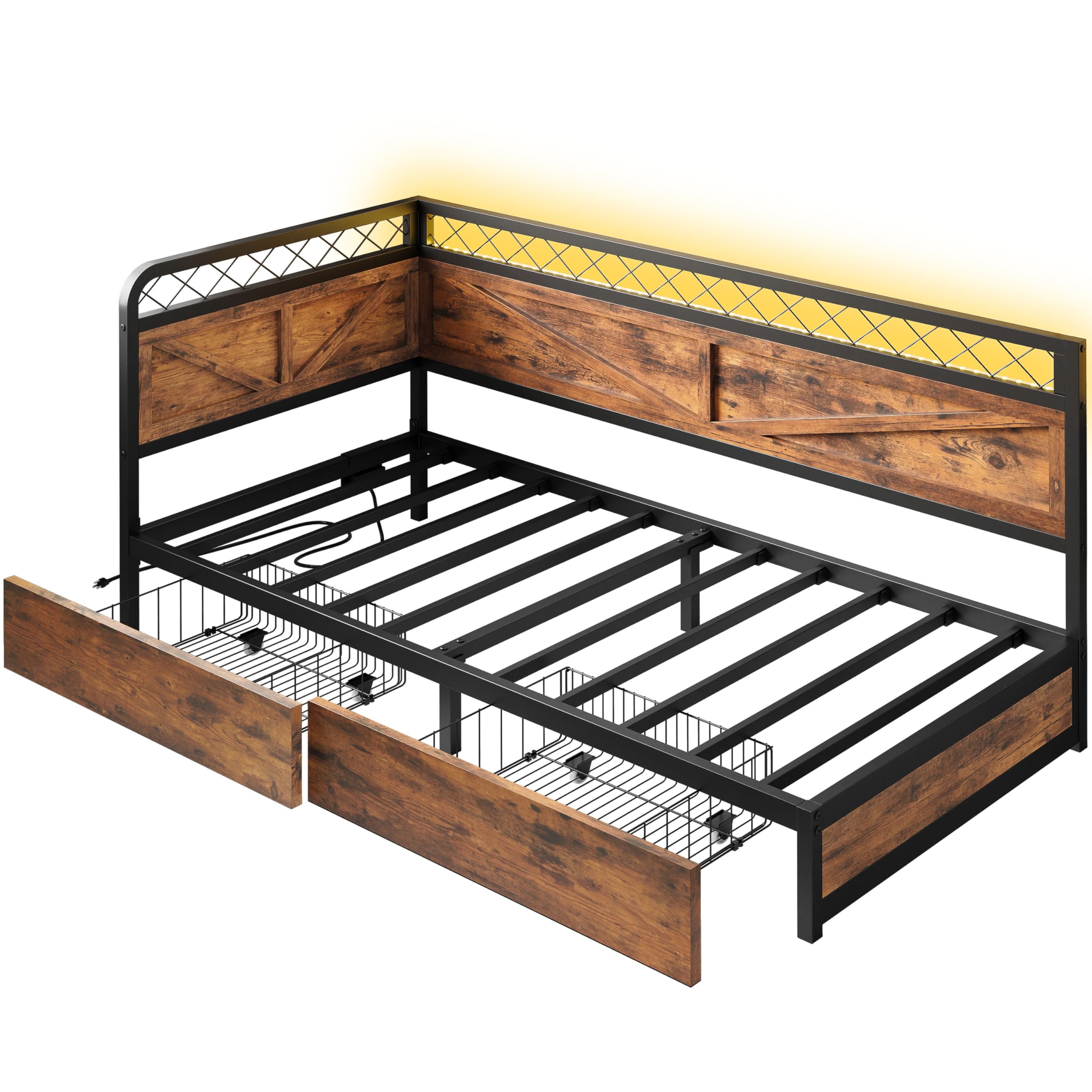 Twin Daybed with Storage Drawers, Corner Bed Frame with LED Lights and Charging Station for Living Room, Bedroom and Guest Room, Industrial Brown
