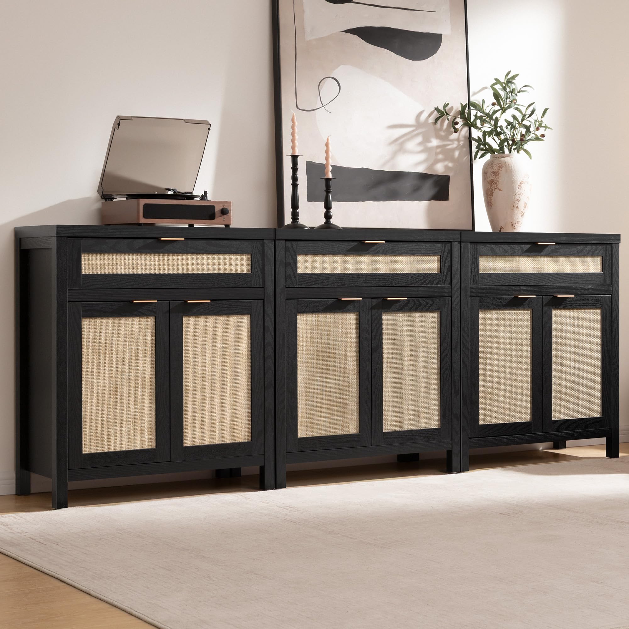 Sideboard Buffet Storage Cabinet Set of 2, Rattan Credenza Buffet Table, Modern Console Accent Cabinet with Doors and Drawer, Coffee Bar