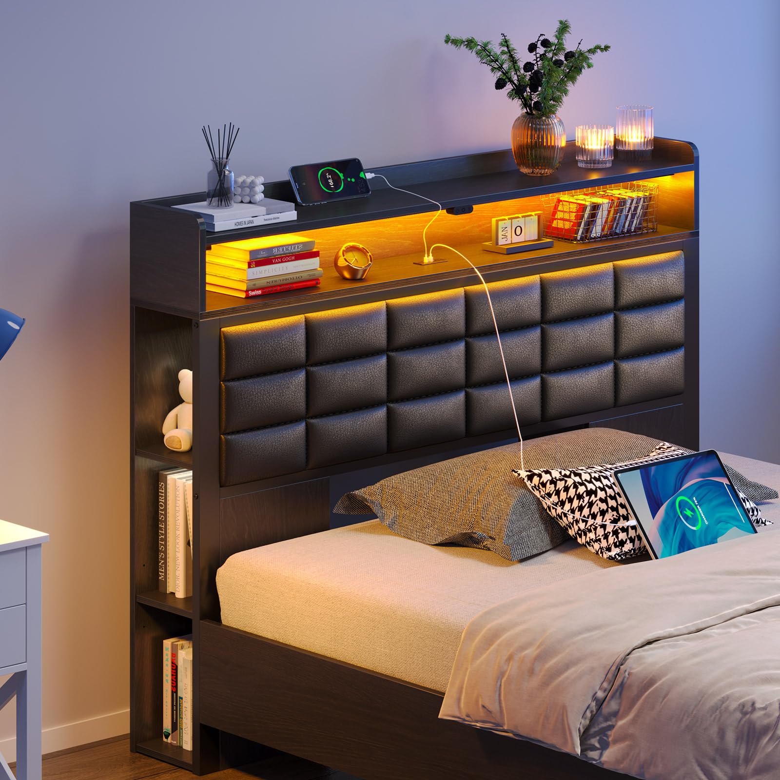 Twin Upholstered Platform Bed Frame with LED Light, Charging Station, Storage Headboard & 2 Drawers, No Box Spring Needed – Black