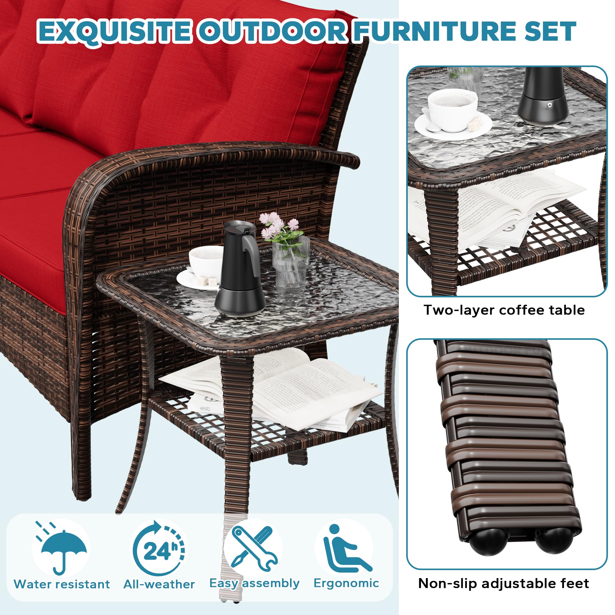 73" Patio 3-Seat Sofa, Wicker Rattan Couch with Steel Frame & Removable Cushions, Outdoor Loveseat for Garden, Porch, Apartment, Red