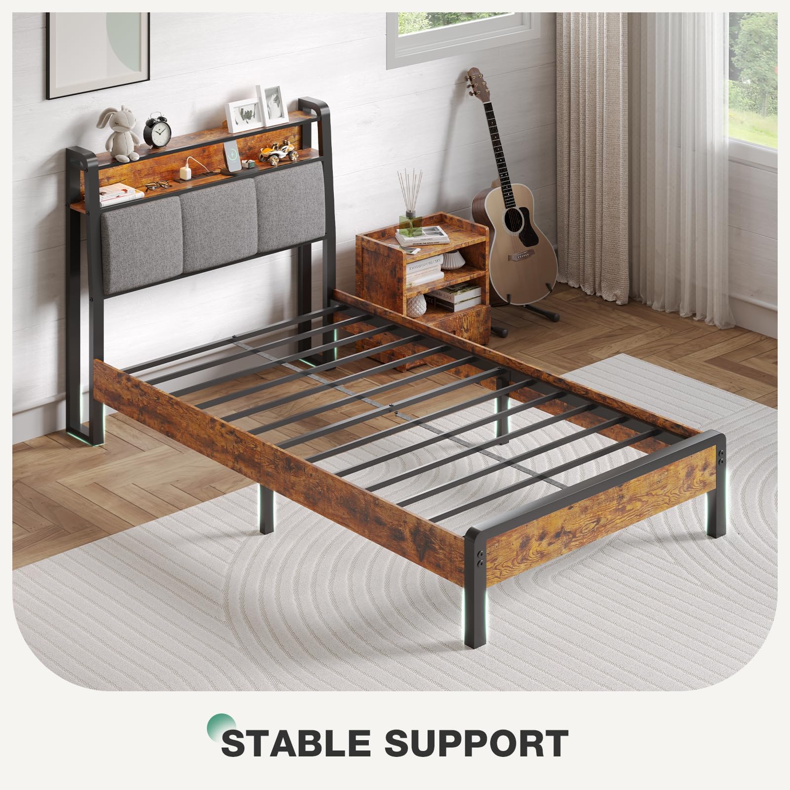 Twin Bed Frame for Kids with LED Lights, Charging Station, Storage Headboard & Sturdy Slats – No Box Spring Needed, Easy Setup