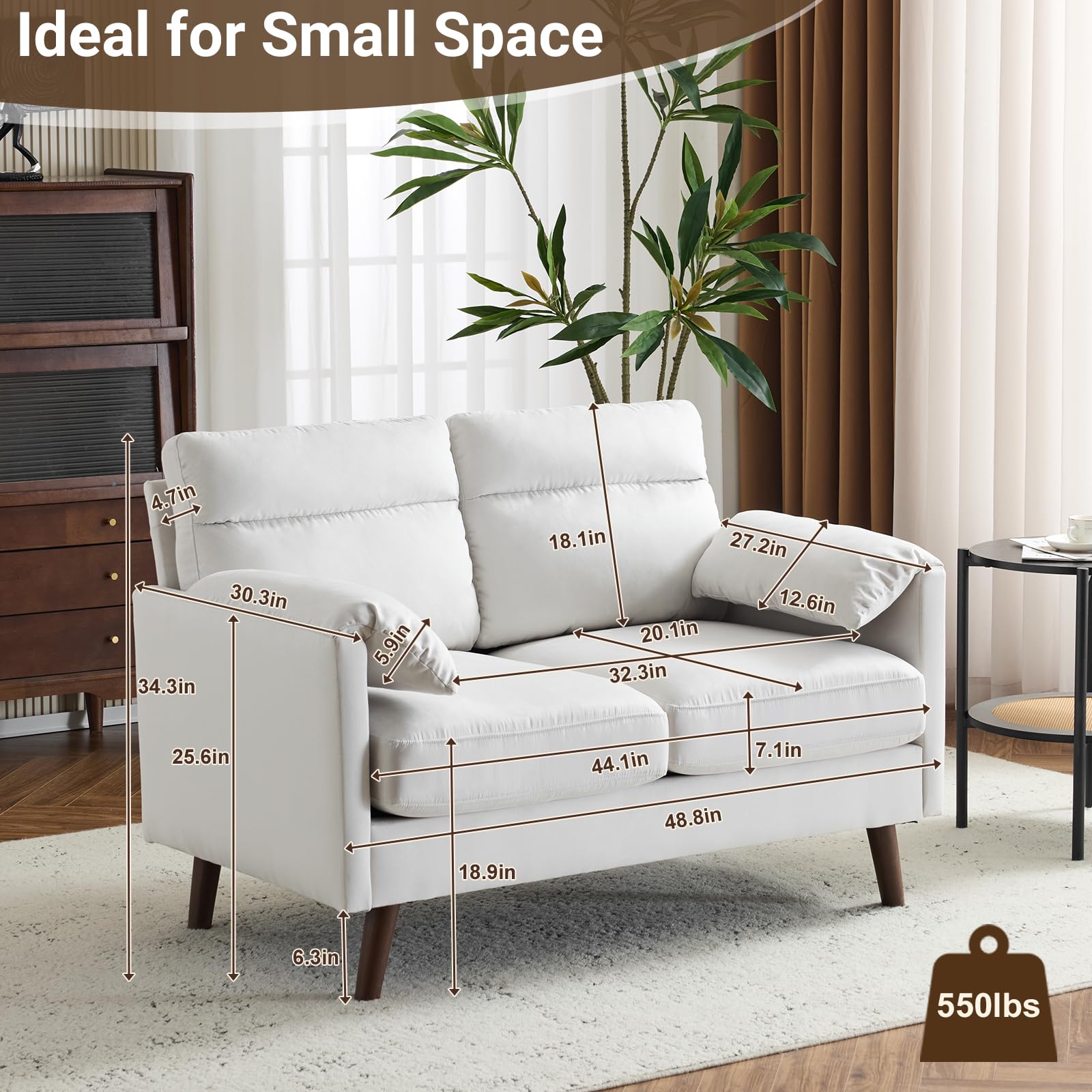 48.8" Mini Loveseat Sofa Couch, Small Suede Nap Upholstered Loveseat for Living Room, Apartment, Home Office, Comfy Beige Seating