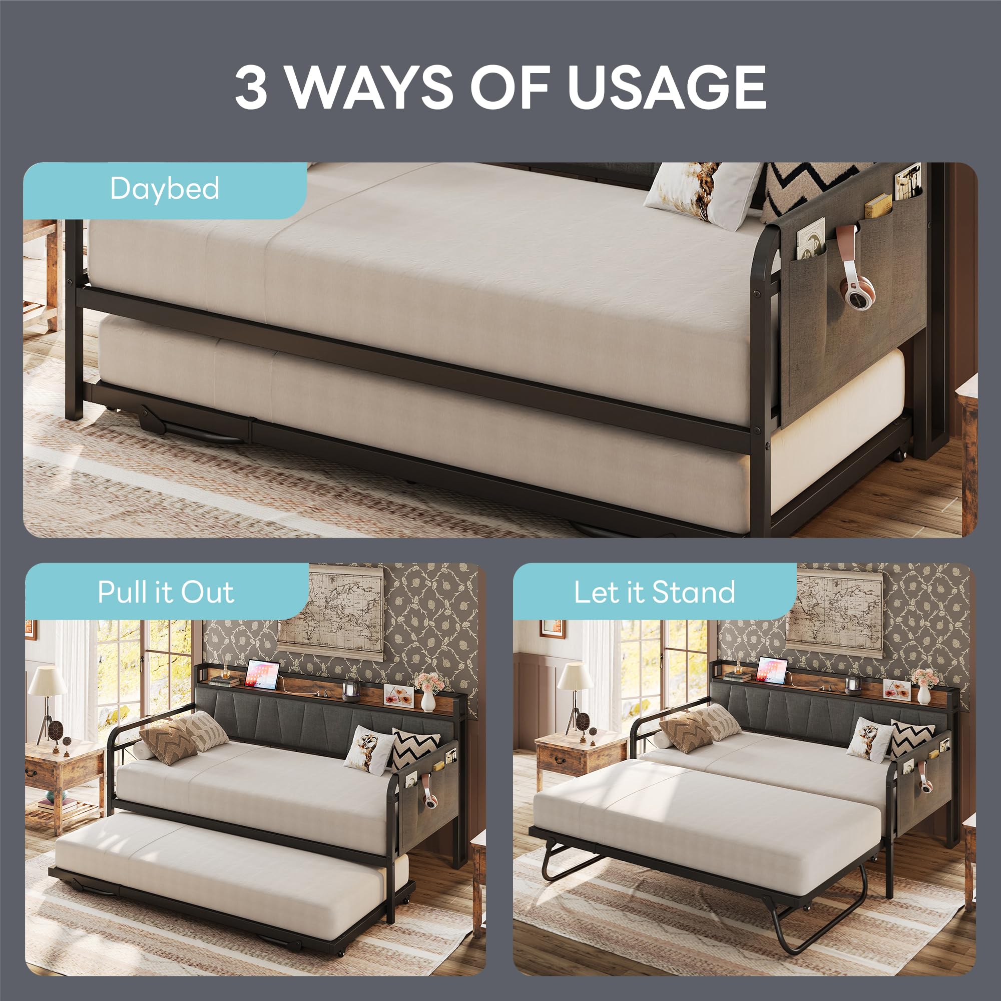 Twin Daybed with Trundle, Bed Frame with Storage Headboard & Charging Station, Sofa Bed for Bedroom, Guest Room, Grey