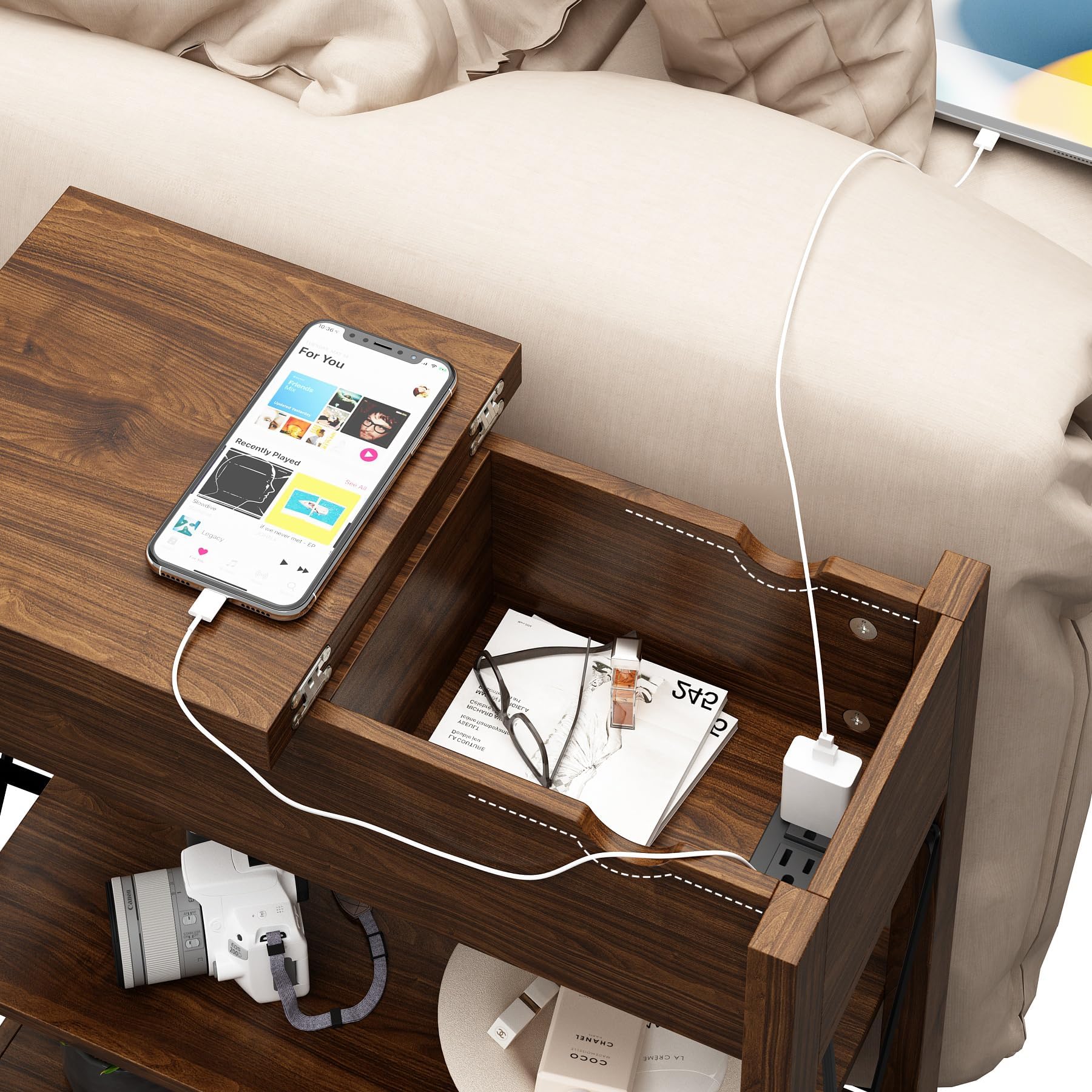 Set of 2 Narrow End Tables with Charging Station, USB Ports & Outlets, Farmhouse Slim Nightstands with Flip Top Drawer, Walnut Finish