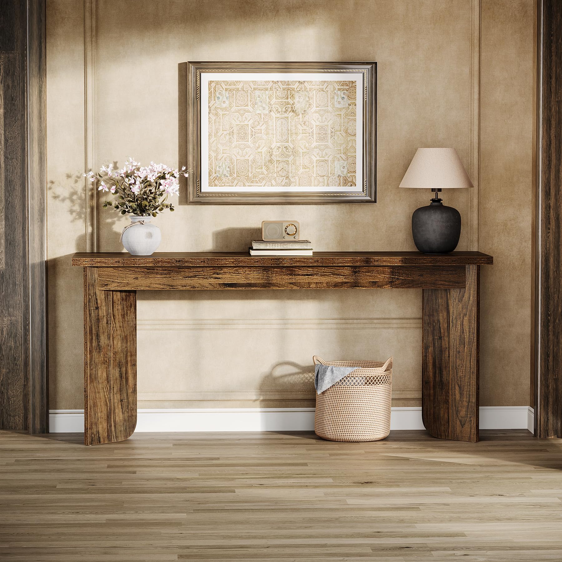70.9" Wooden Sofa Console Table, Extra Long Farmhouse Entryway Table with Widened Top & Double Pedestal Base for Living Room, Rustic Brown