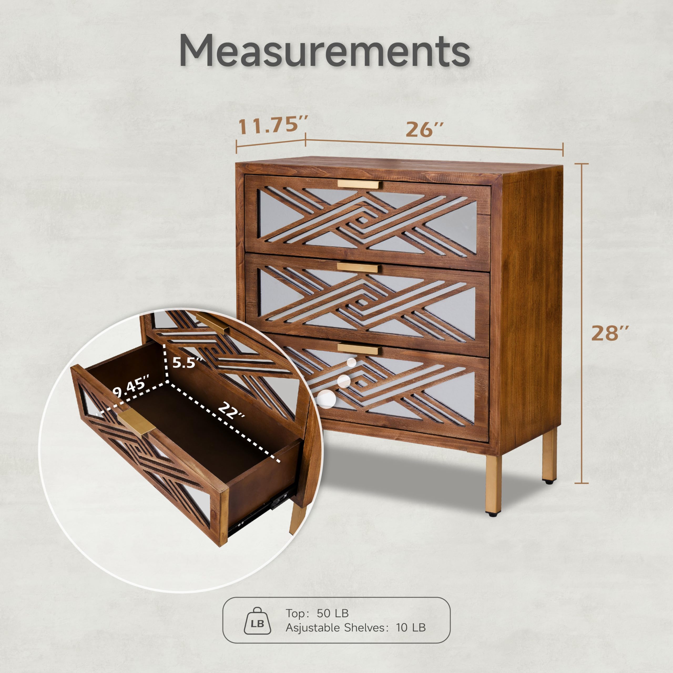 3-Drawer Accent Dresser with Mirror Fronts, Modern Farmhouse Accent Chest Clean-Lined Silhouette