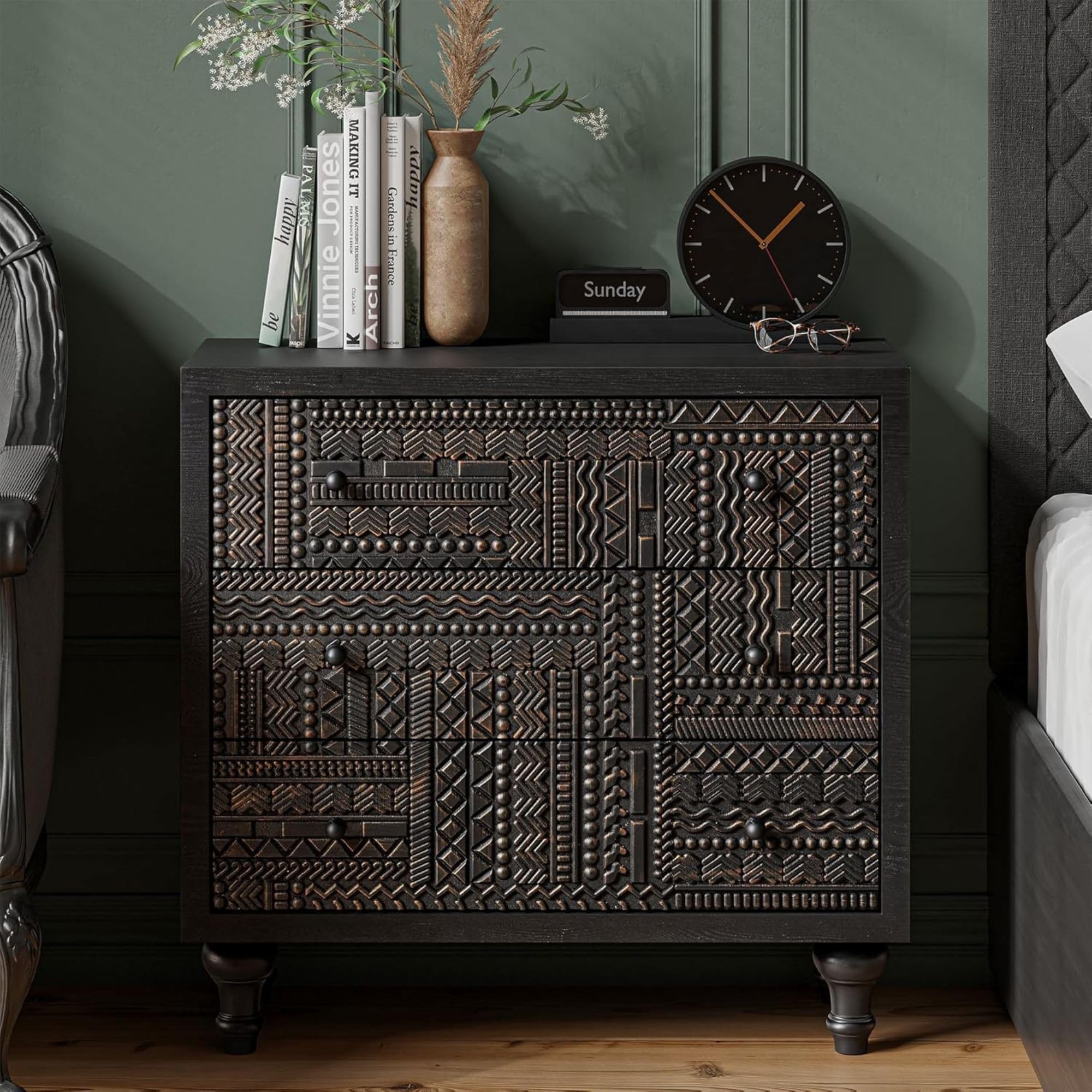 3-Drawer Farmhouse Dresser with Geometric Carved Design, Vintage Wood Storage Chest for Bedroom, Living Room, Boho Style, Black, Assembled