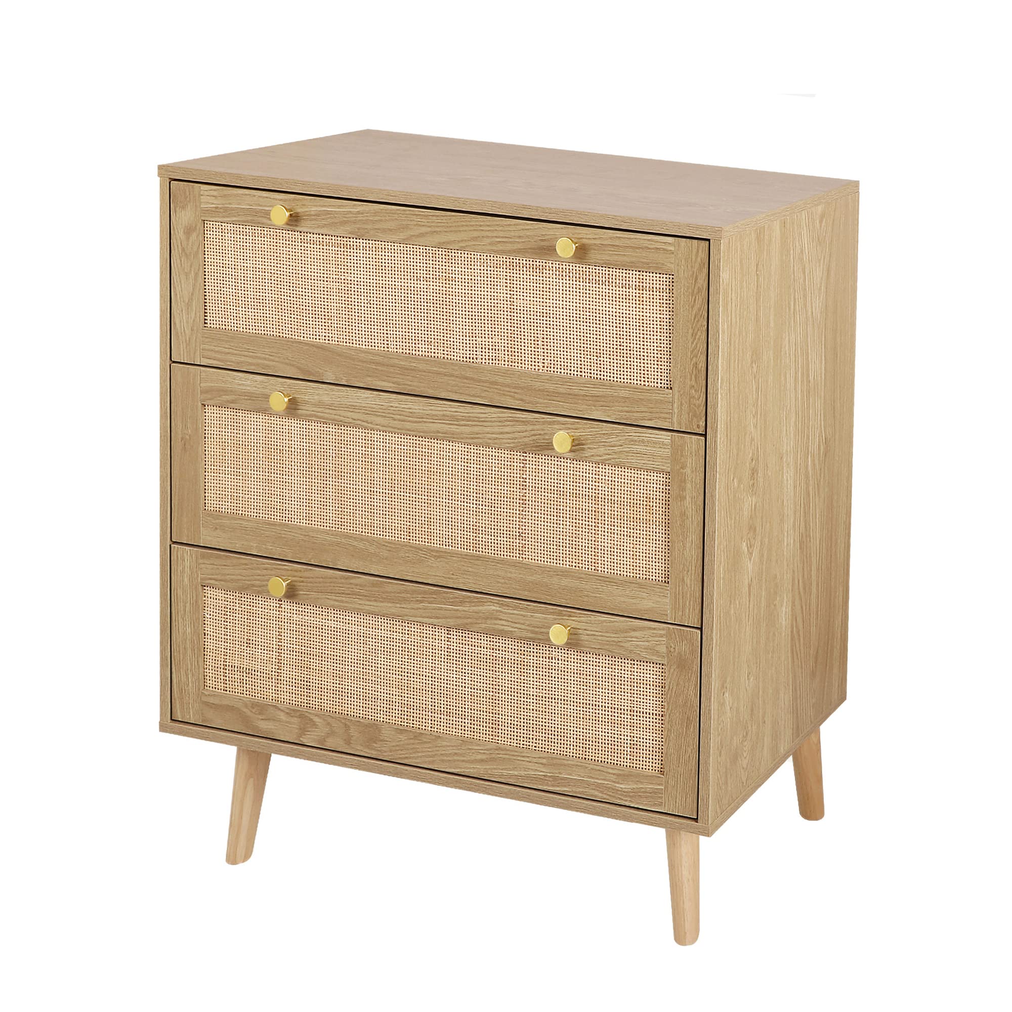 3 Drawer Dresser for Bedroom, Rattan Dresser Modern Wood Chest of Drawers with Spacious Storage for Bedroom Hallway Living Room, Rustic Oak, H0027