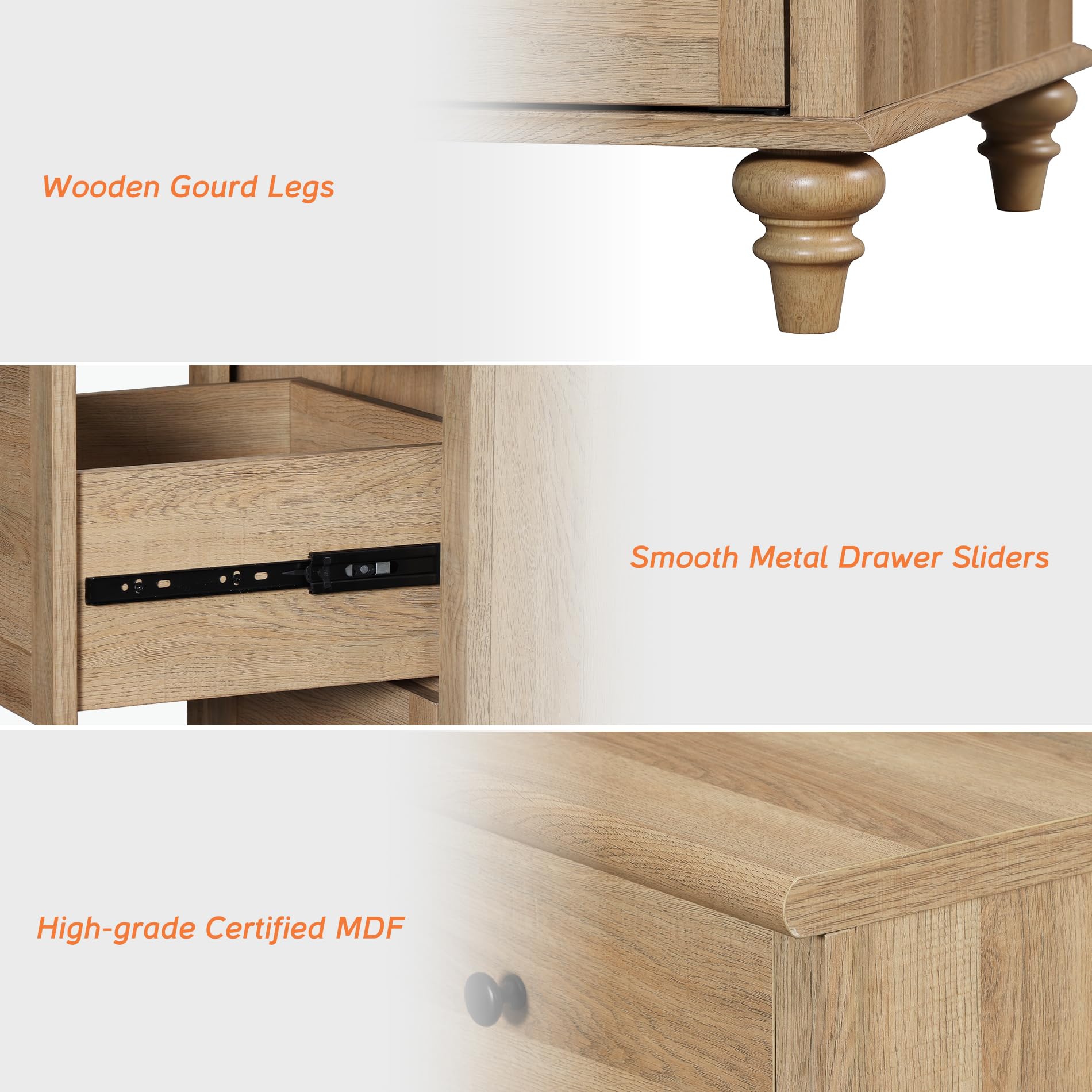 Set of 2 Farmhouse Nightstands, 34" Wide Oak Bedside Tables with 3 Drawers, Wood End Tables for Bedroom, Living Room, Sofa Side Storage