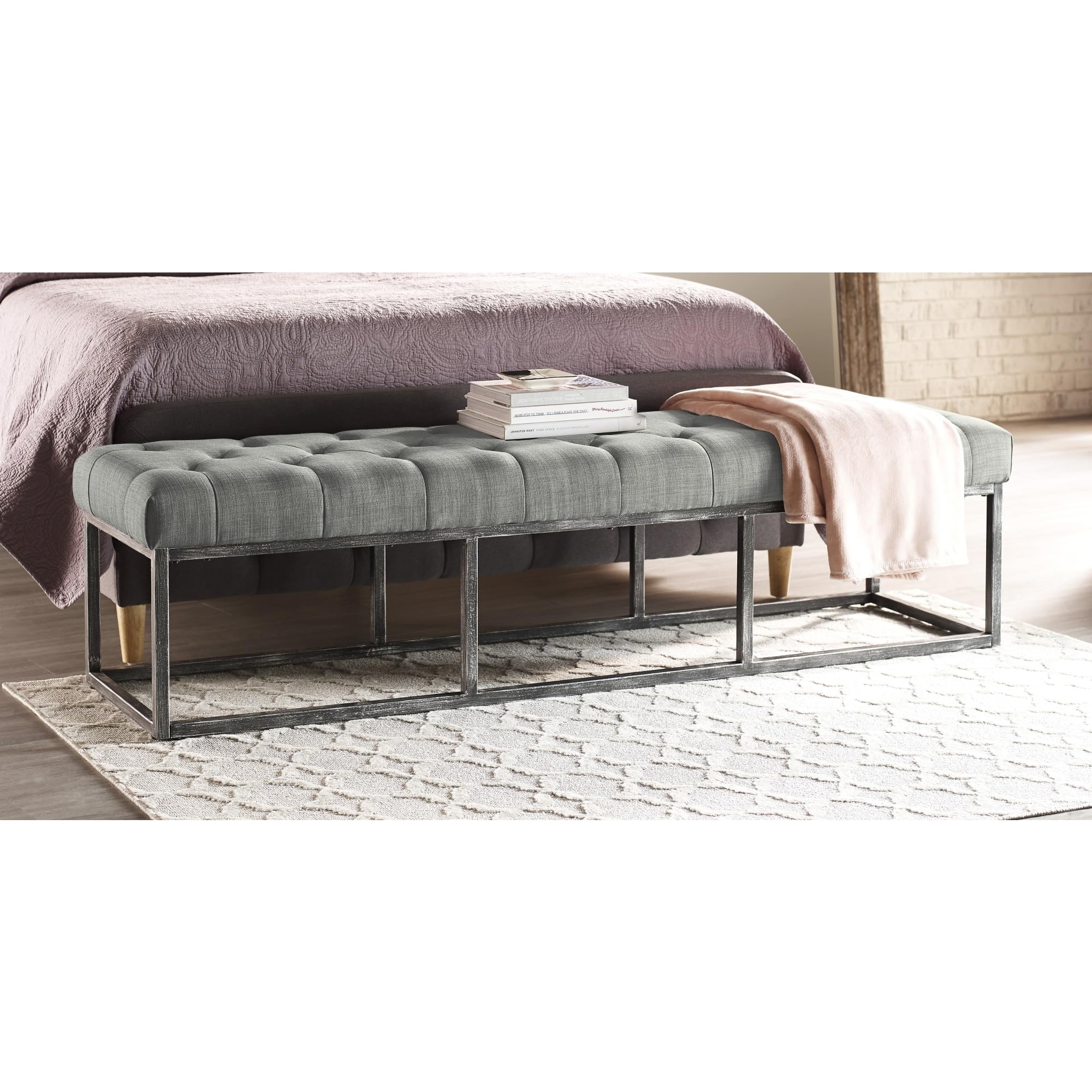 Danes Tufted Bench with Iron Legs, Modern Bench for Bedroom or Living Room, Long Rectangular Shape Padded Upholstery, Pearl Gray