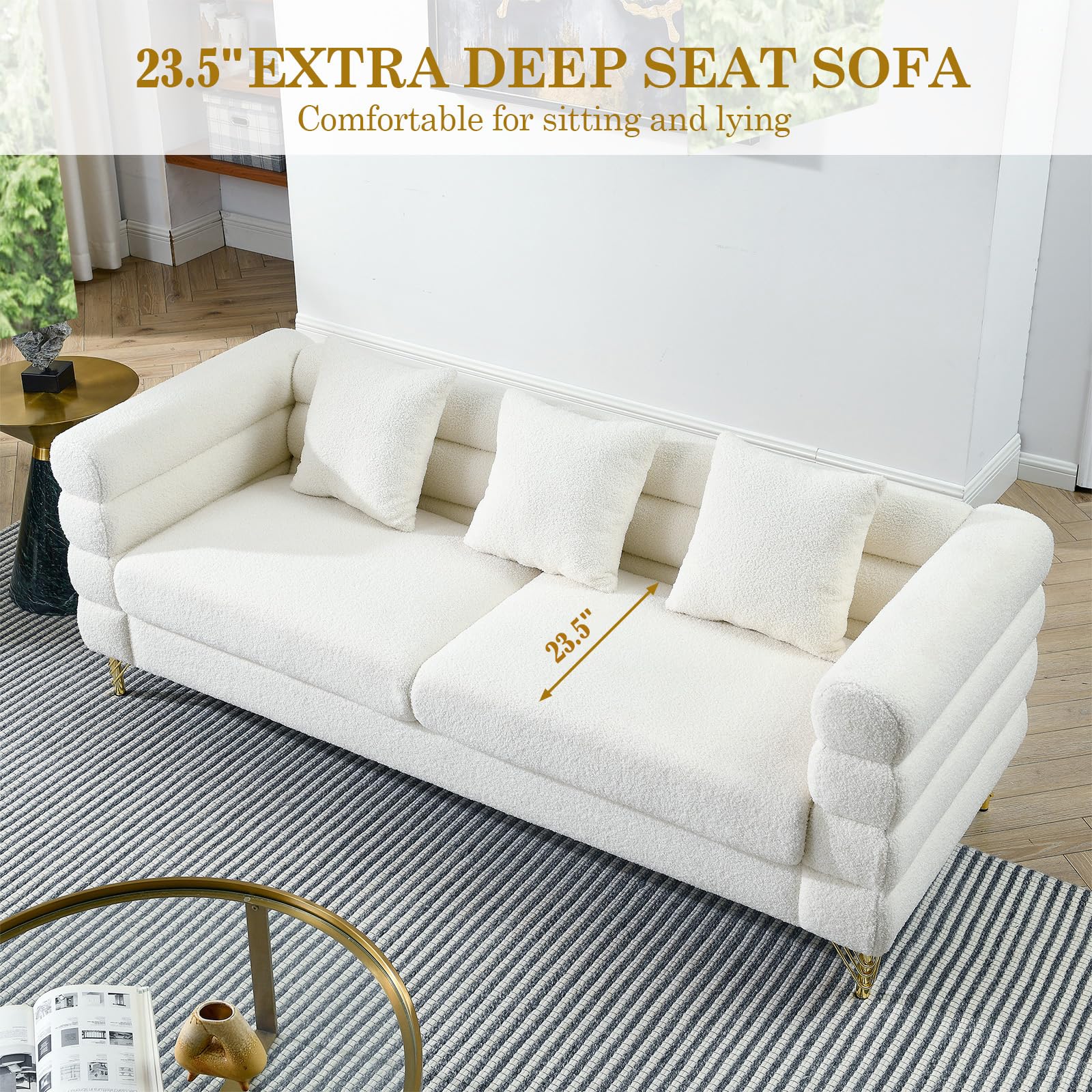 81" Modern Sofa Couch, Teddy Bouclé Oversized 3-Seater Loveseat with Deep Seats, Gold Legs & Pillows, for Living Room, Bedroom, White