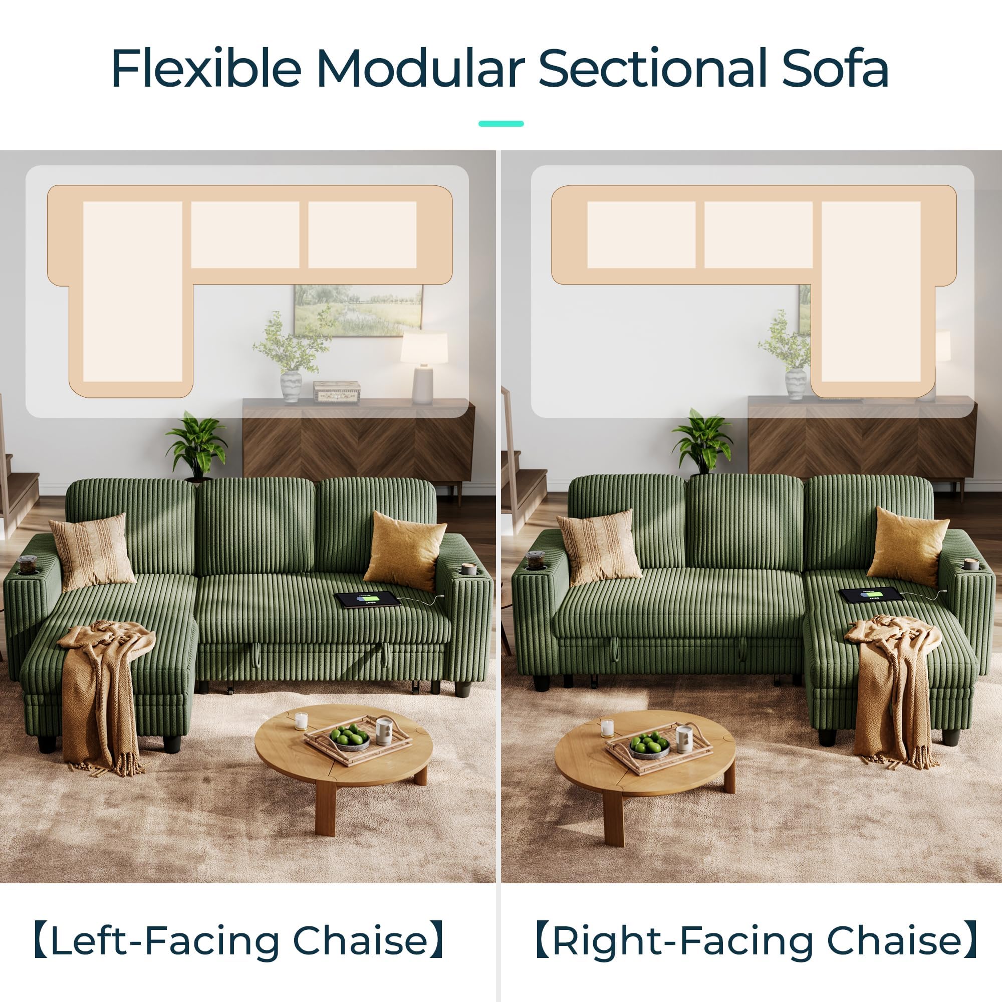 Convertible Sectional Sleeper Sofa with Pull-Out Bed, Corduroy Couch with Storage Chaise & USB Port, L-Shaped Sofa for Living Room, Green