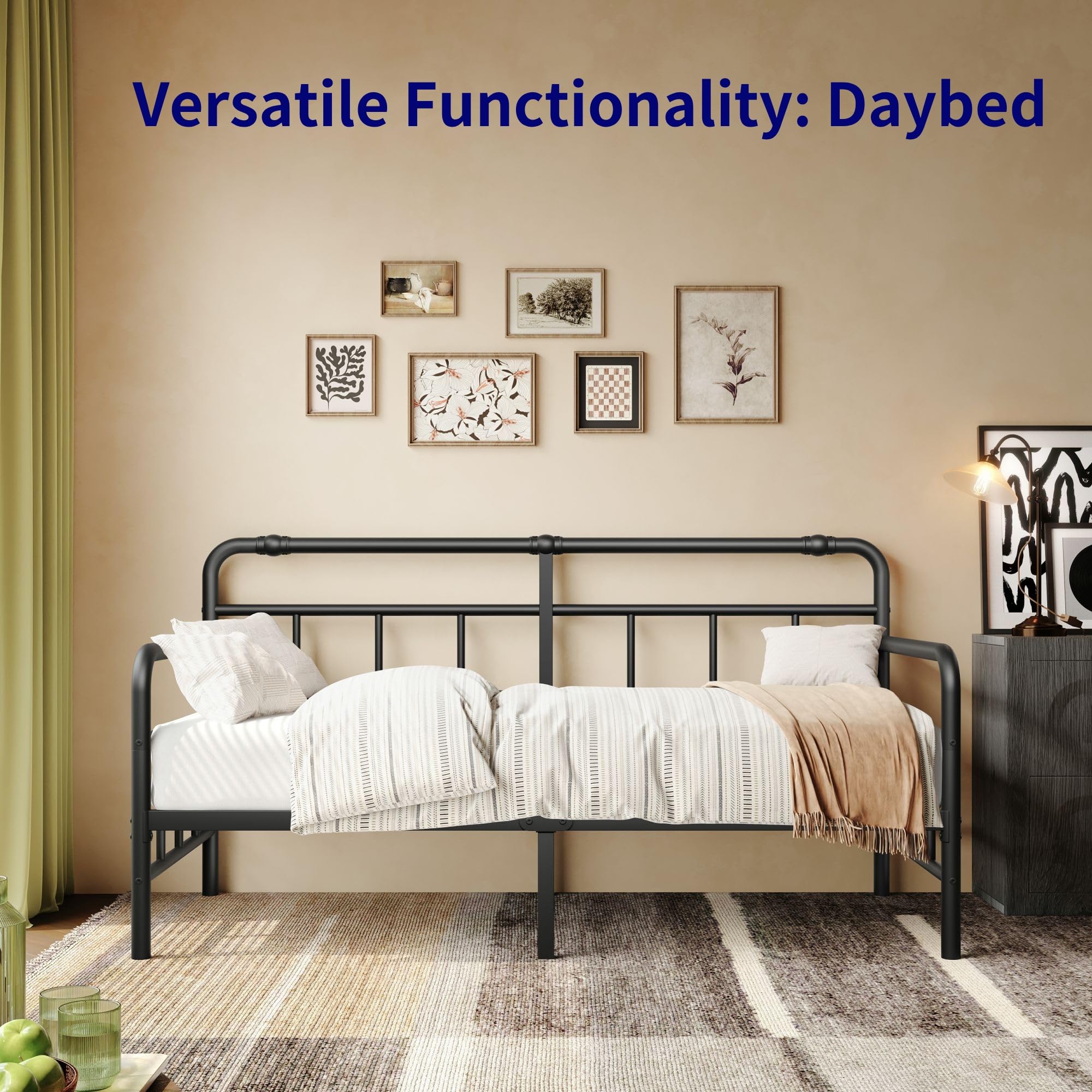 Twin Daybed Frame with Classic Headboard, Heavy-Duty Metal Sofa Bed with Steel Slats for Bedroom, Guest Room, Black