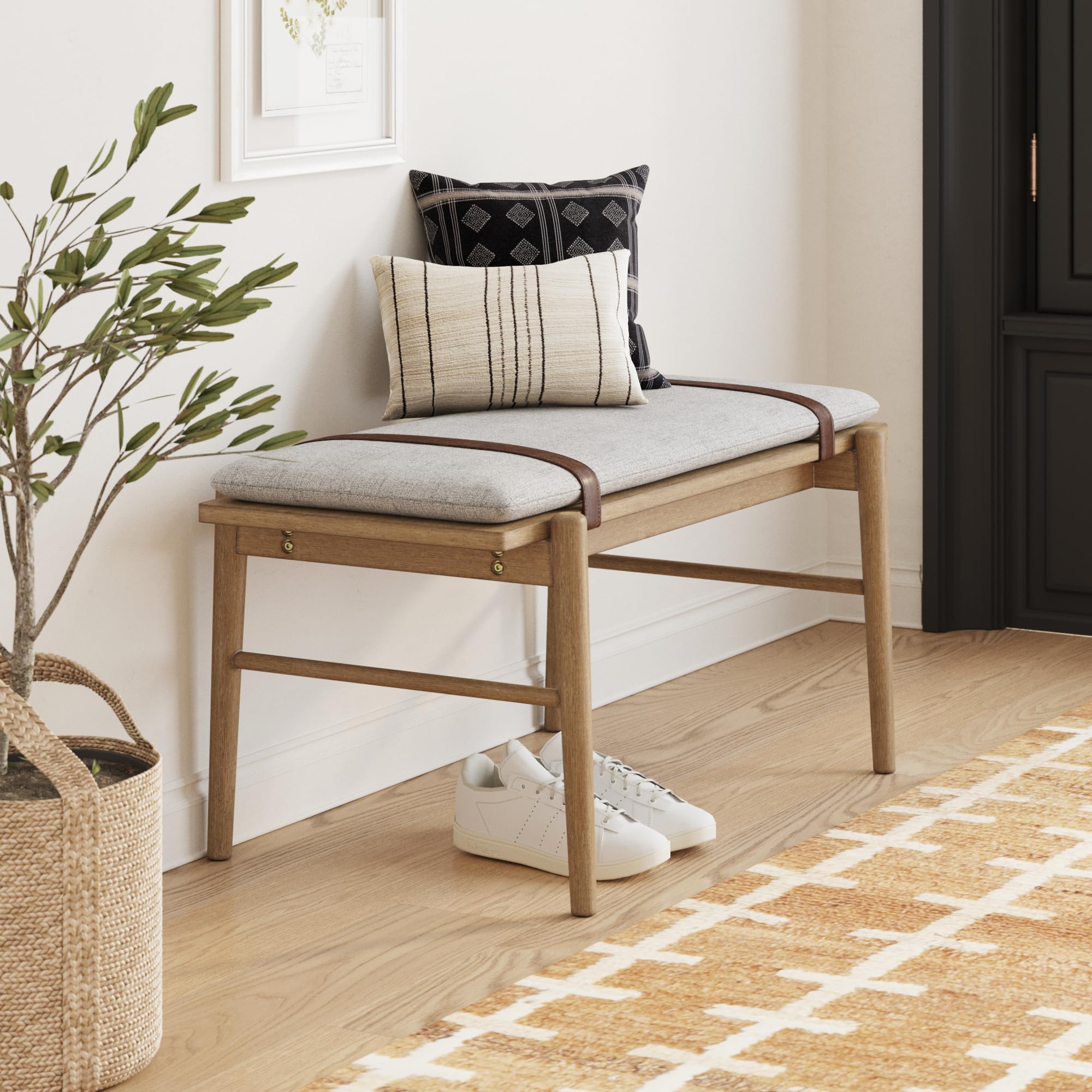 Gugan Mid-Century Wooden Bench Seat, End of Bed Bench with Removable Fabric Cushion for Indoor Dining Room, Bedroom and Entryway, Light Brown/Ivory
