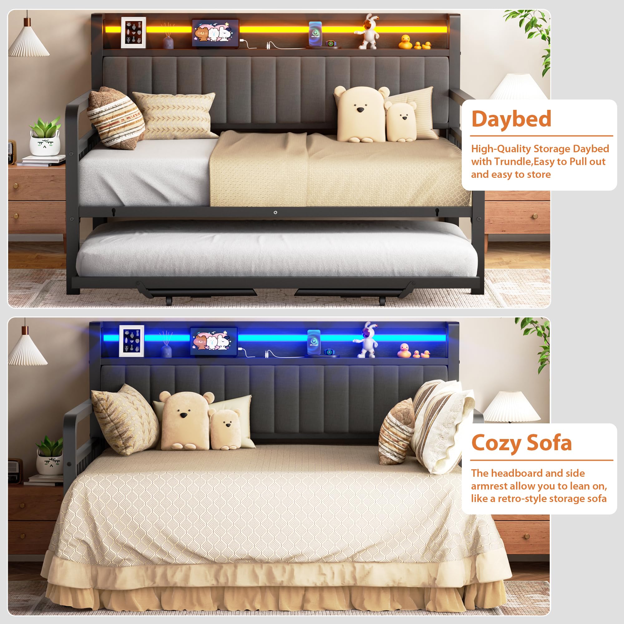 Full Daybed with Pop-Up Trundle, LED Light, Upholstered Storage Headboard & Charging Station, Heavy-Duty Metal Frame, Black