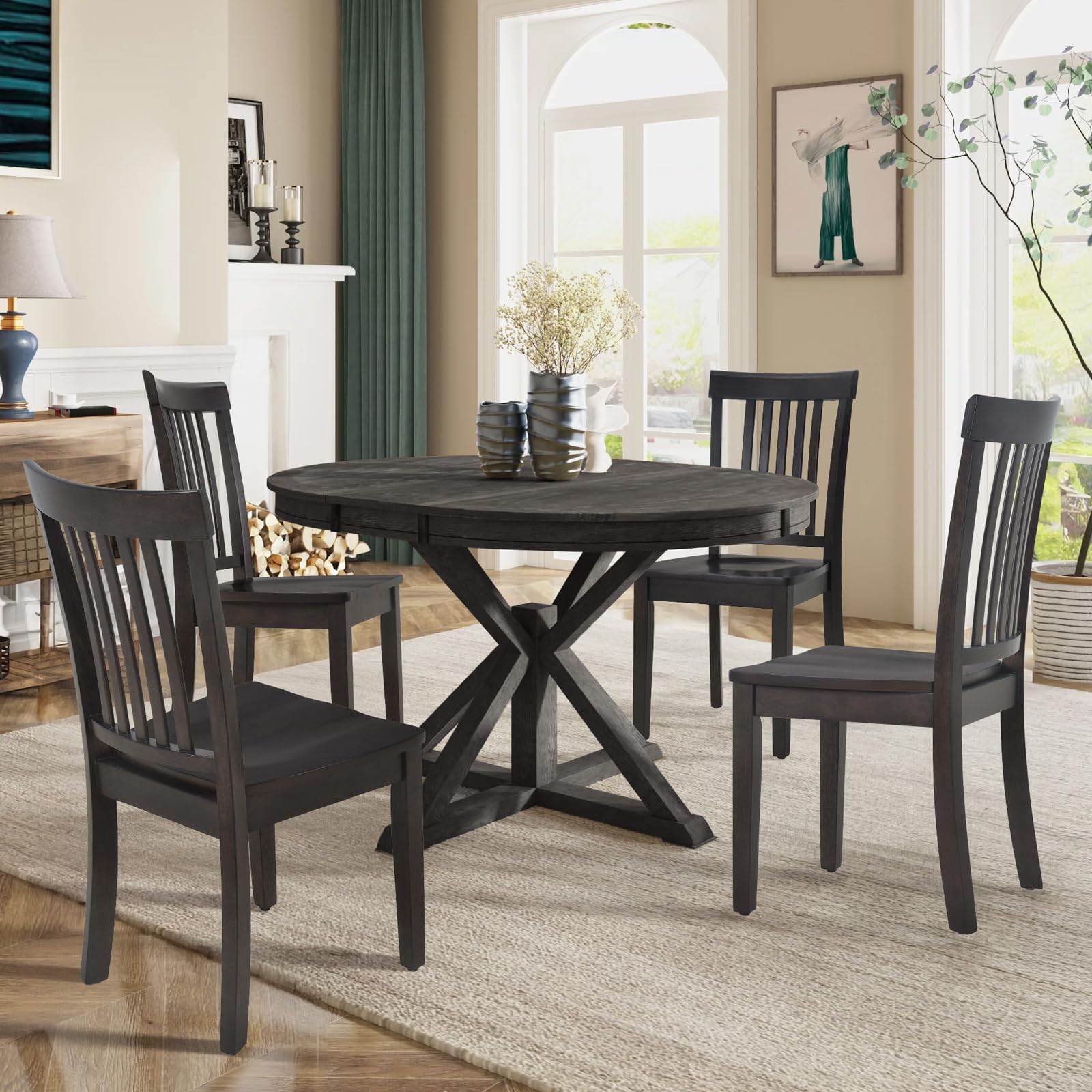 Wooden Dining Chairs Set of 6, Spindle High Back Windsor Kitchen Side Chair, Farmhouse Dining Chairs for Kitchen and Dining Room, Dark Brown