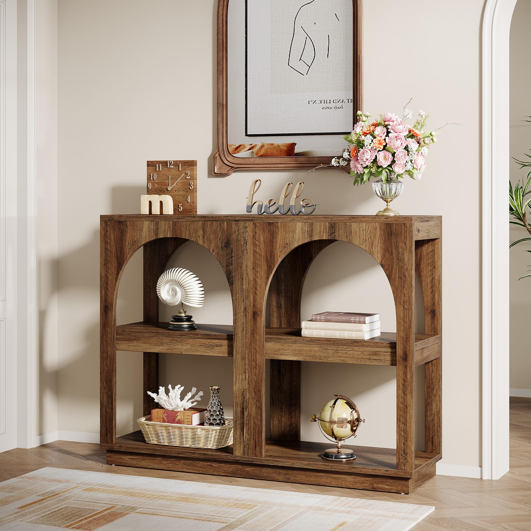 41.3" Narrow Console Table, Mid-Century Modern Entryway Table with Storage, Arched Sofa Table for Small Spaces, Hallway, Living Room, Brown