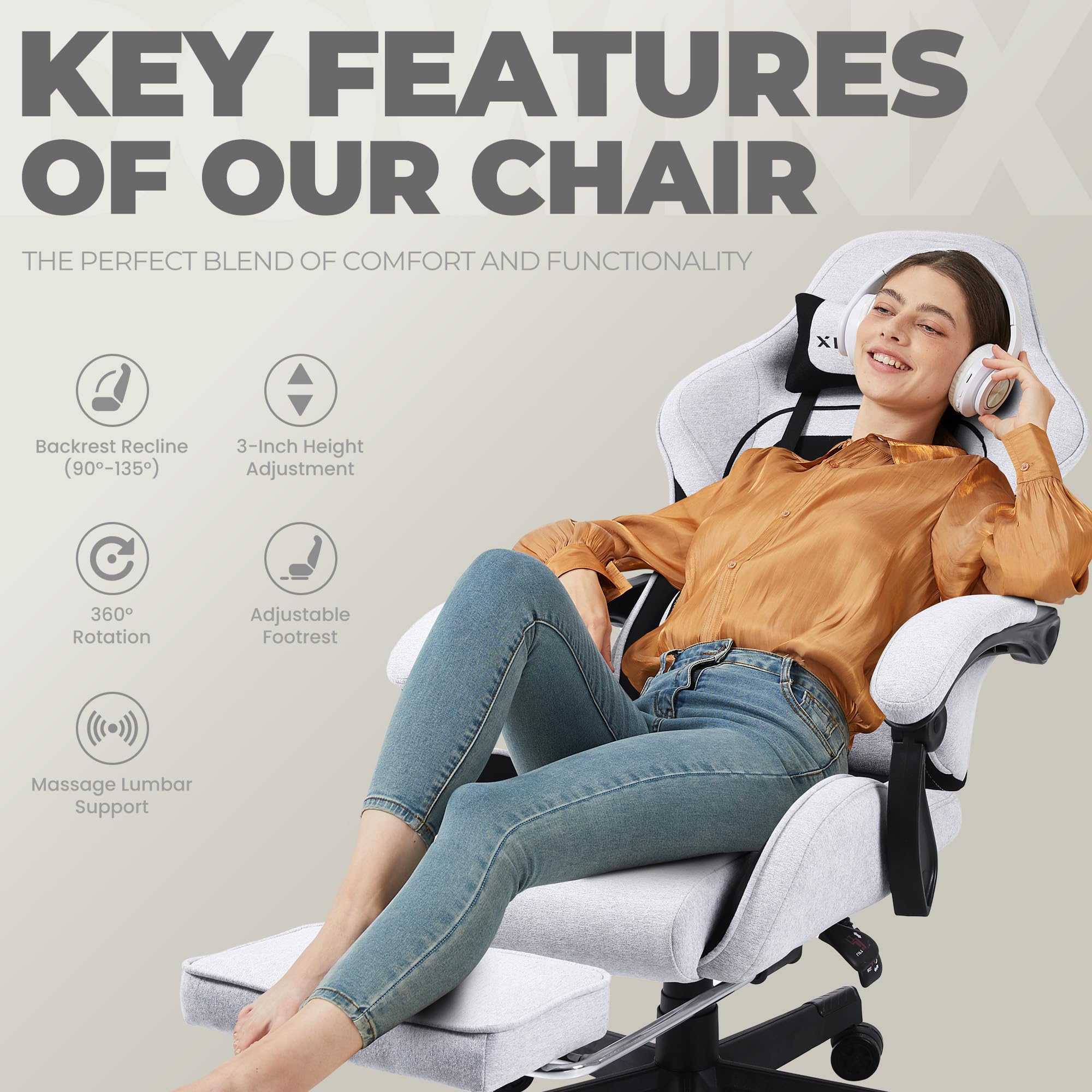 Gaming Chair Fabric with Pocket Spring Cushion, Massage Game Chair Cloth with Headrest, Ergonomic Computer Chair with Footrest 290LBS, Black and Grey