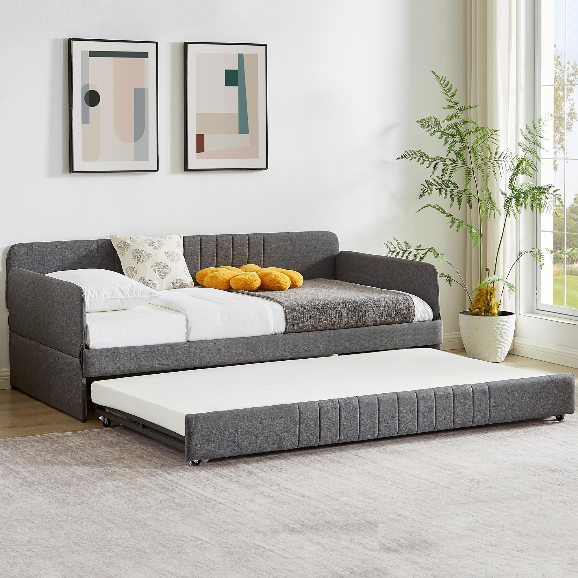 Twin Daybed with Trundle, Linen Upholstered Sofa Bed with Arm & Backrest, No Box Spring Needed, Twin Size Day Bed for Bedroom, Gray