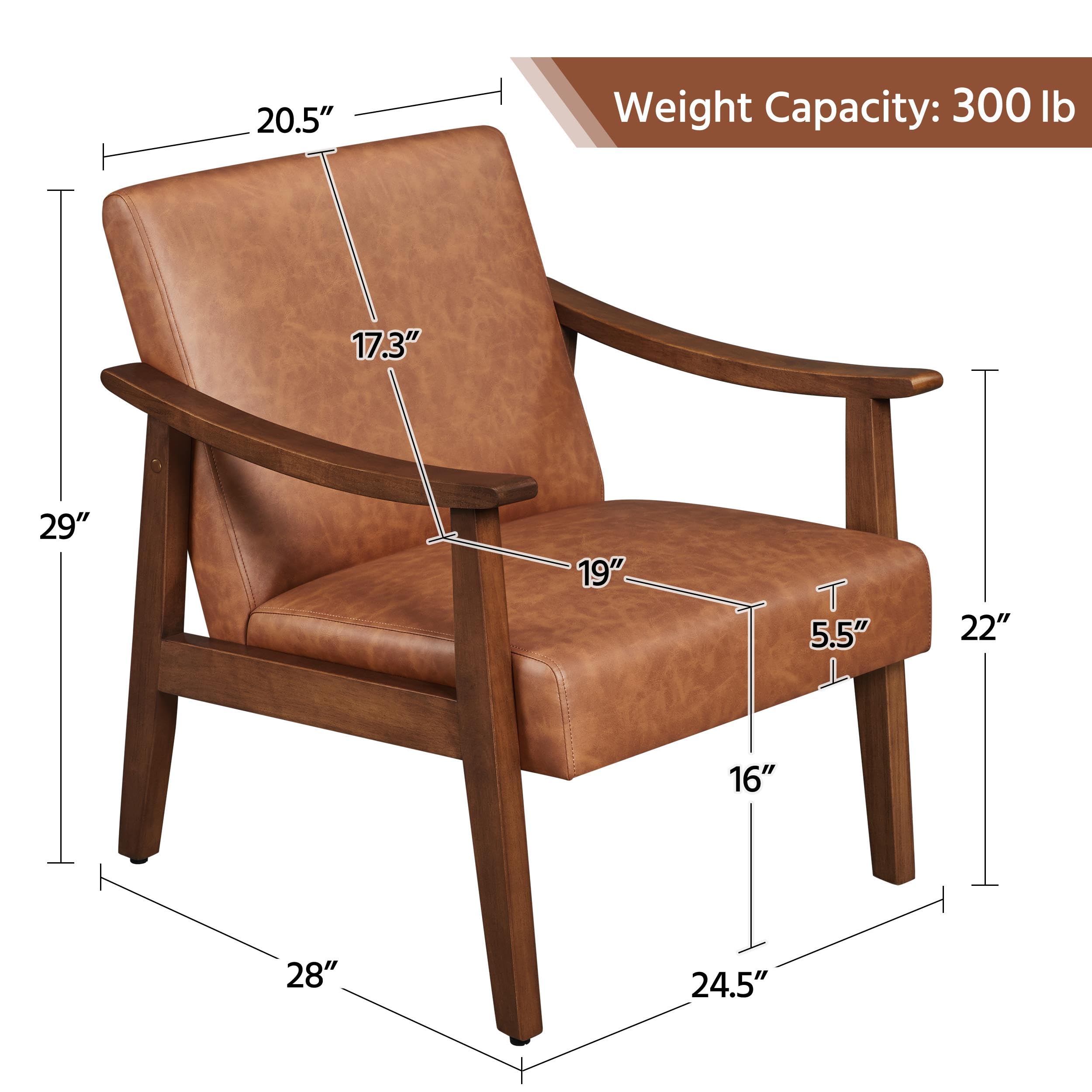 PU Leather Accent Chair, Mid-Century Modern Armchair with Solid Wood Legs, Reading Leisure Chair with High Back for Living Room Bedroom Waiting Room, Set of 2, Brown