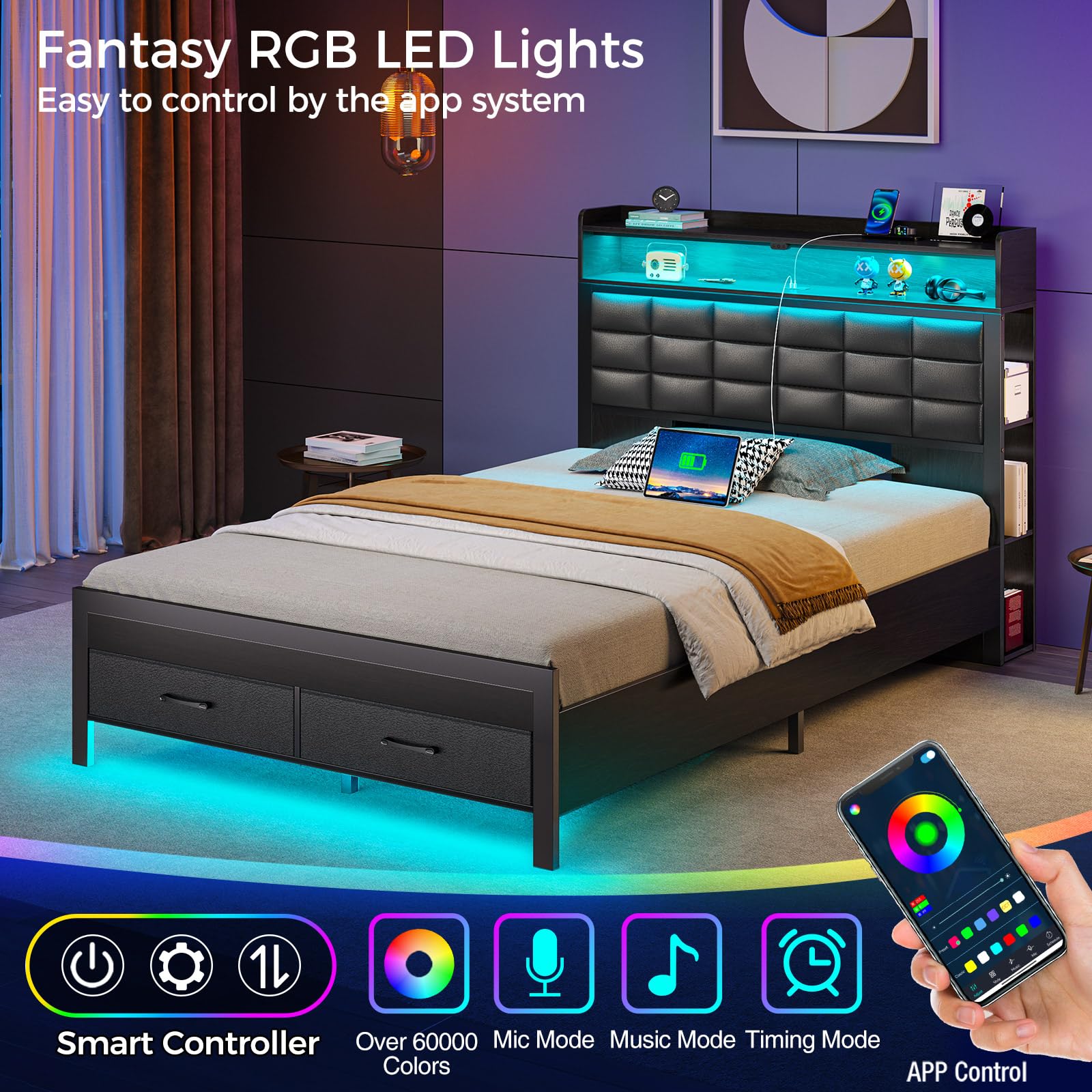 Twin Upholstered Platform Bed Frame with LED Light, Charging Station, Storage Headboard & 2 Drawers, No Box Spring Needed – Black