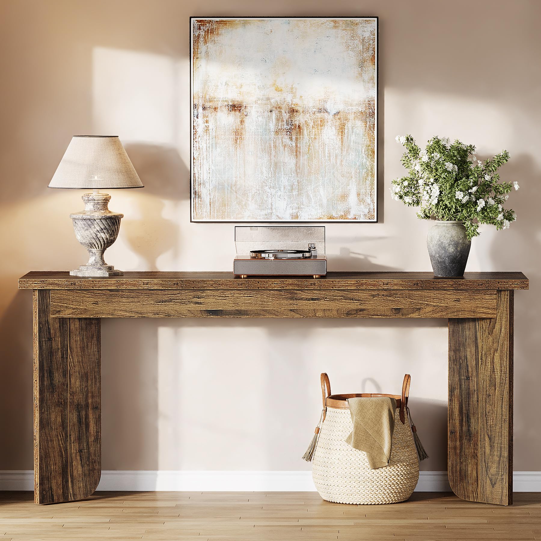 70.9" Farmhouse Console Table, Extra Long Wood Sofa Table with Widened Top & Double Pedestal Base for Living Room, Hallway, Foyer, Rustic Brown