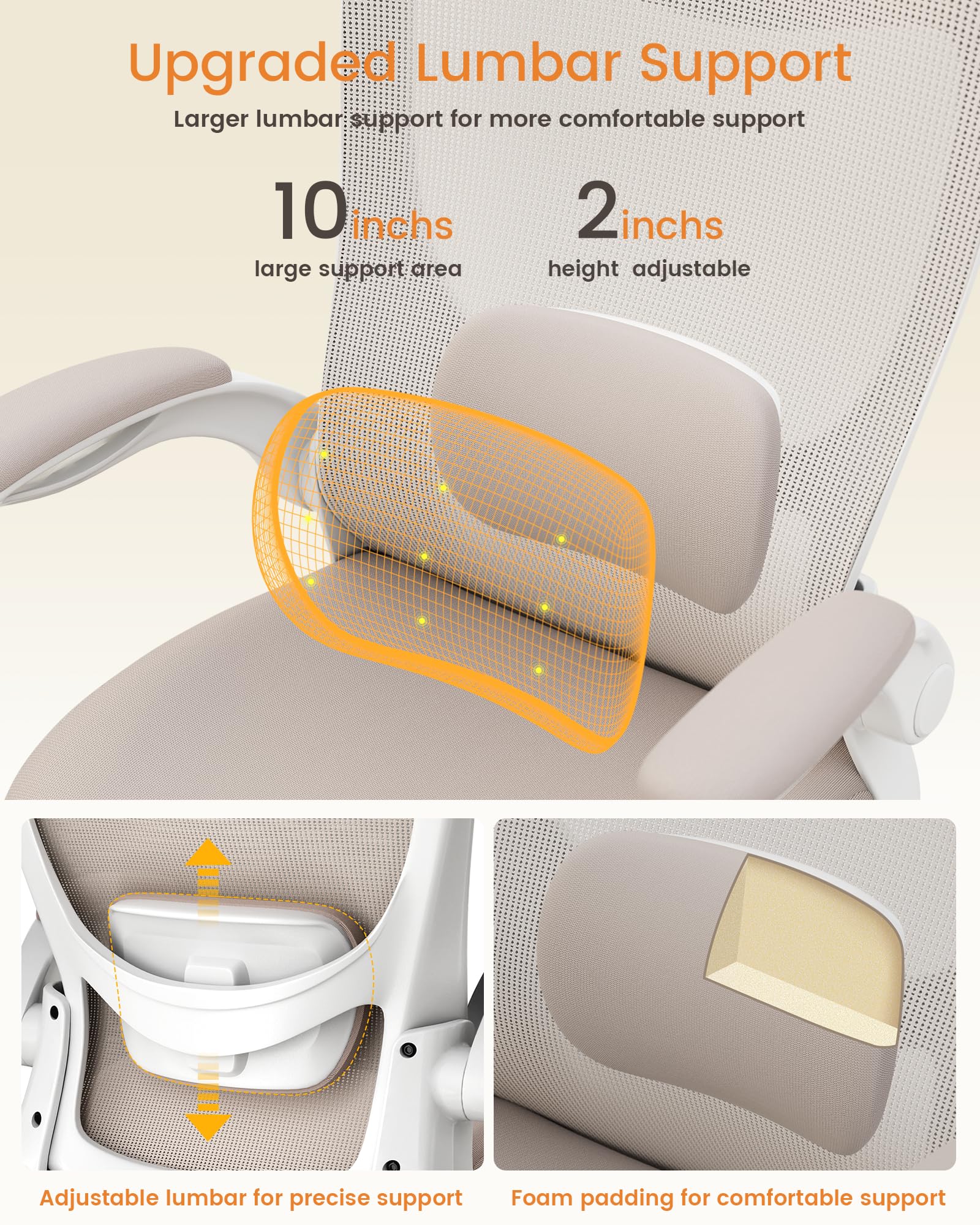 Office Chair, Ergonomic Desk Chair with Adjustable Lumbar Support and Flip up Armrest, Breathable Mesh Computer Chair for Home Office, Khaki