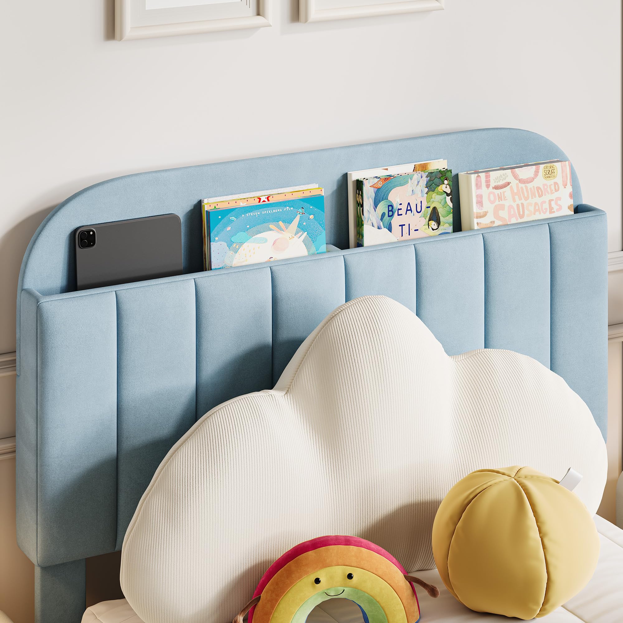 Set of 2 Twin Kids Beds – Blue Upholstered Platform Frames with Storage Drawers & Bookcase Headboards, No Box Spring Needed