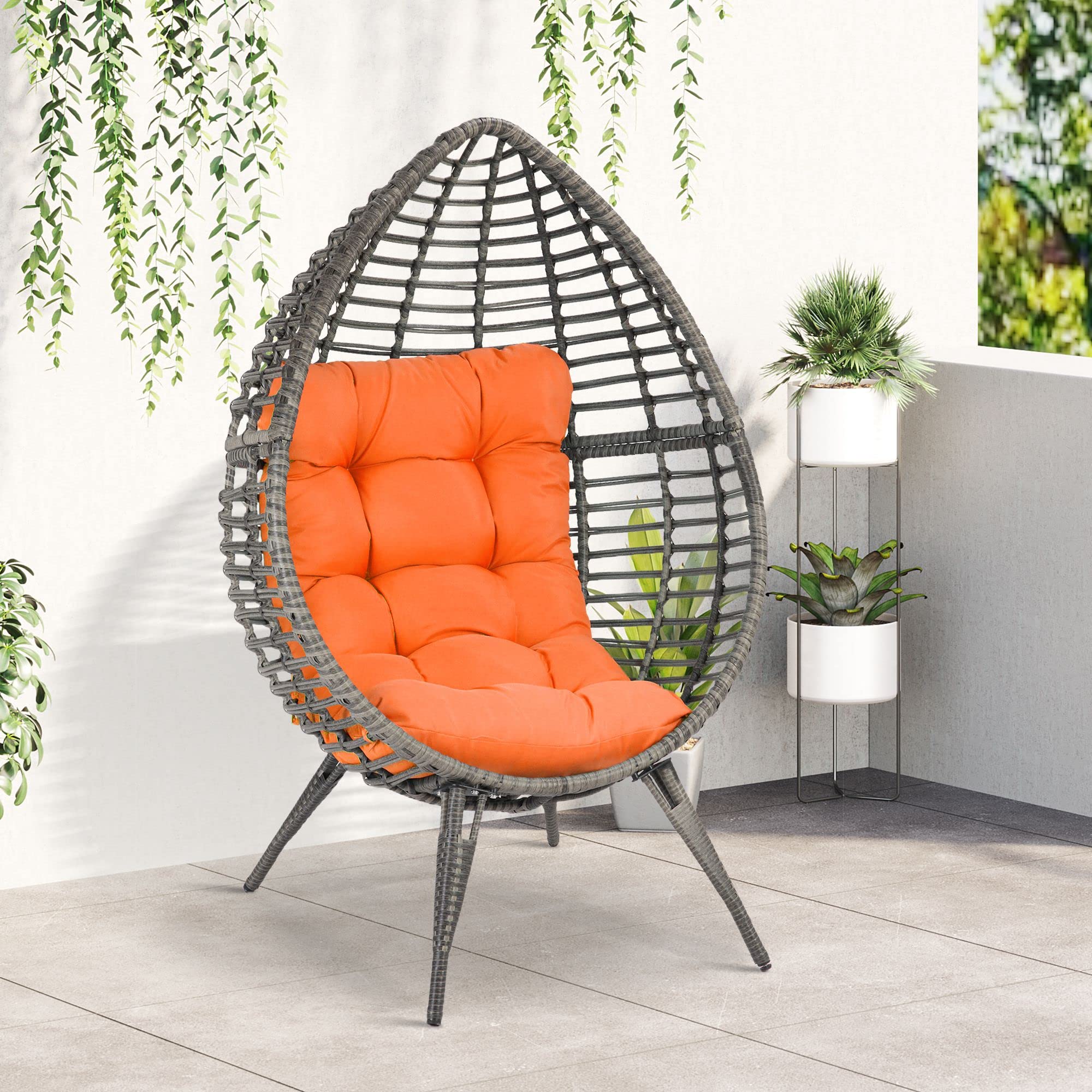 Patio Wicker Egg Chair with Soft Cushion, Teardrop Cuddle Seat, Indoor/Outdoor Rattan Chair with Adjustable Feet Pads, Orange