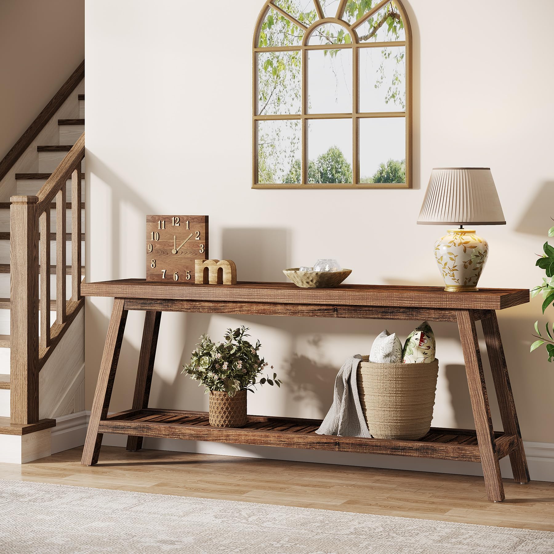 70.86-Inch Console Table for Entyrway, Farmhouse 2-Tier Entry Entrance Table, Narrow Long Sofa Table Behind Couch, Rustic Brown