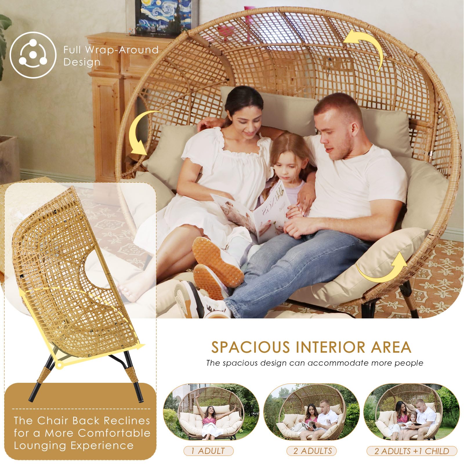 Double Egg Chair for Indoor/Outdoor, 2-Person Oversized Loveseat with Thick Cushions & Cover, 680 lbs Patio Lounge Chair, Beige