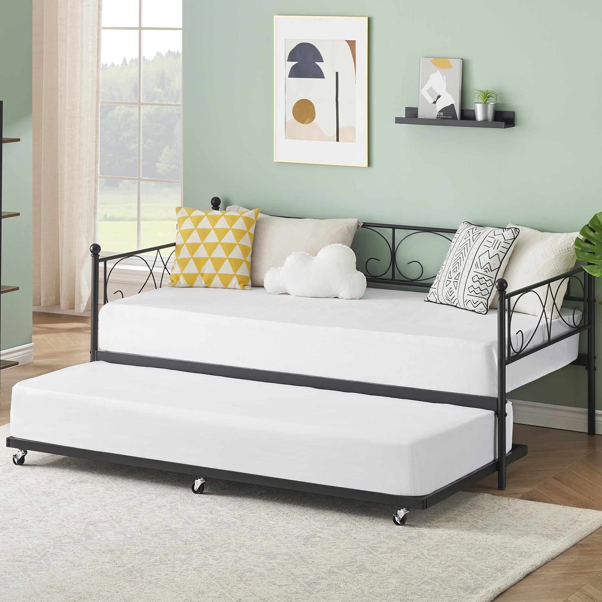 Twin Daybed with Trundle, Metal Trundle Bed, Sofa Bed Frame, Heavy Duty Metal Slats, for Living Room, Bedroom, Guest Room, Space Saving, Black