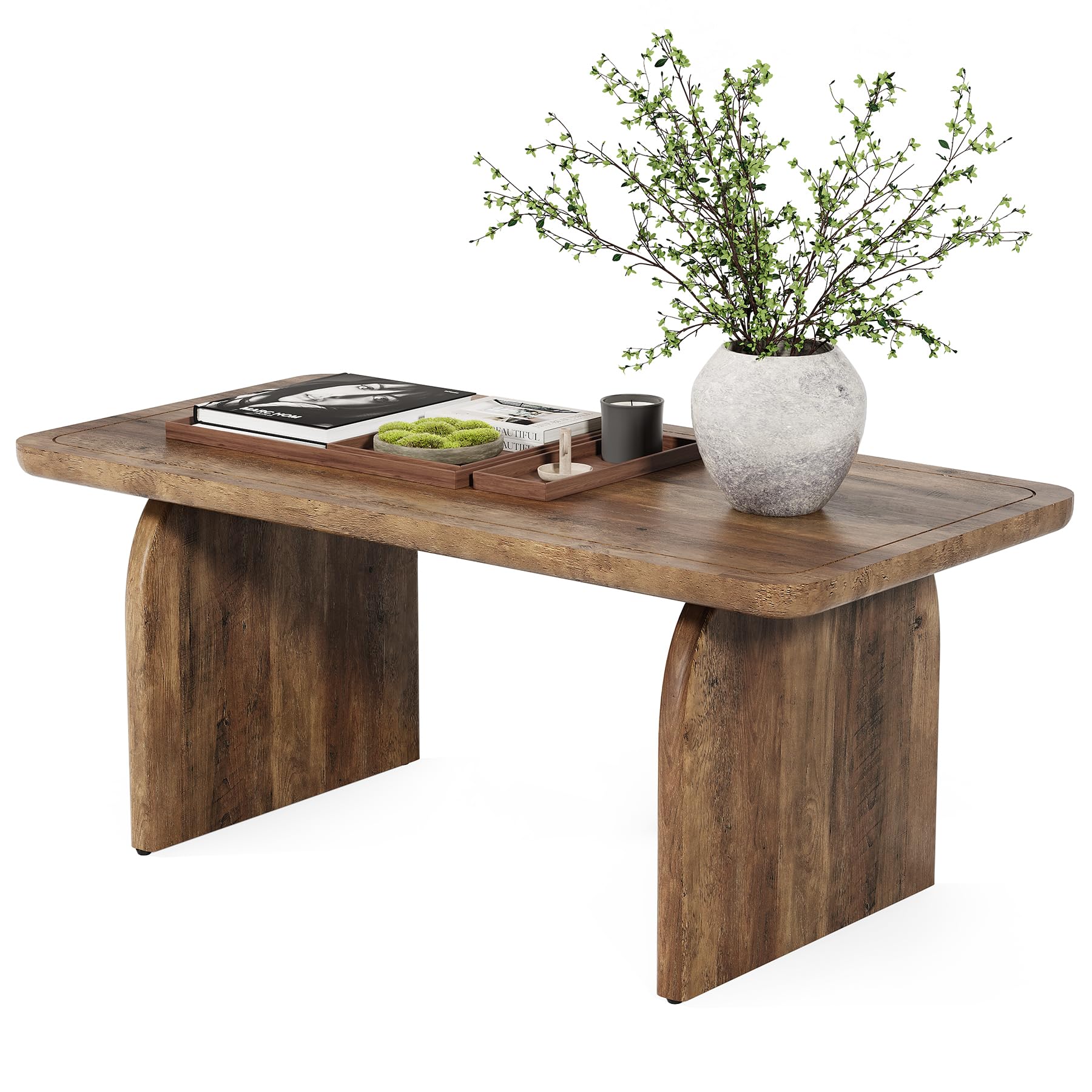 Farmhouse Coffee Table – 47" Rustic Brown Wood Center Table with Rounded Corners, Modern Rectangular Tea Table for Living Room