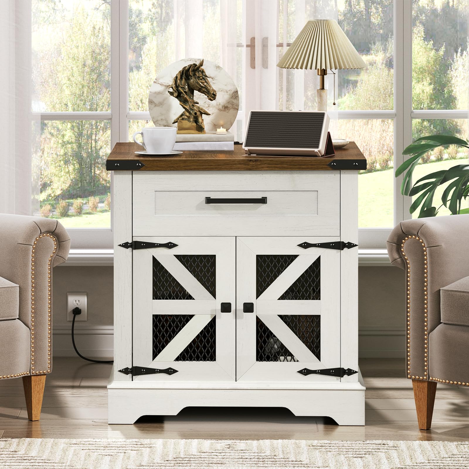 Set of 2 White Farmhouse End Tables, 24" Large Side Tables with Drawer & Charging Station, Square Wooden Nightstands, White & Walnut