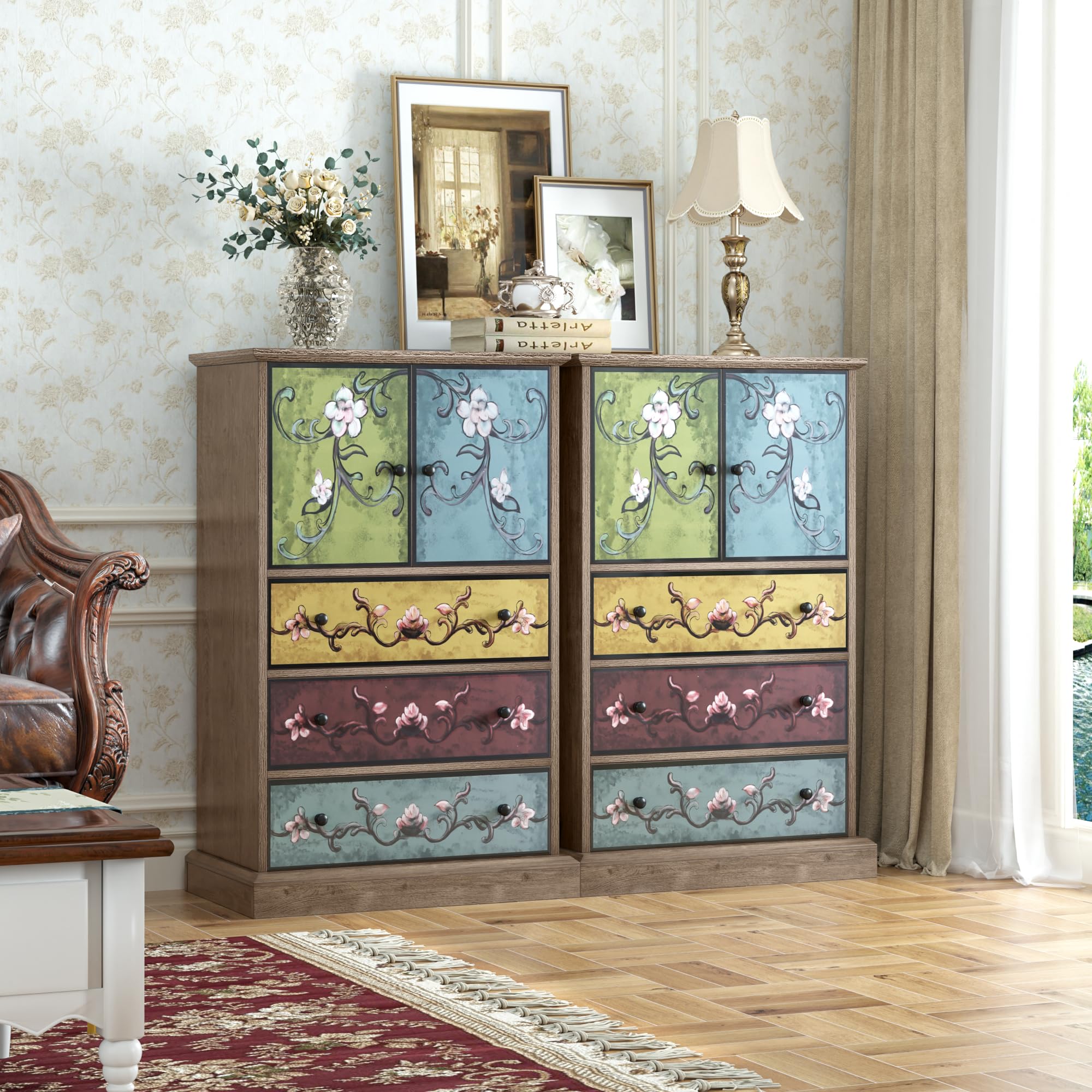 Wood Chest of Drawers, Tall Boho Dresser with Drawers and Doors, 16.1D x 23.6W 42.3H Inch Wood Accent Dresser for Home Office