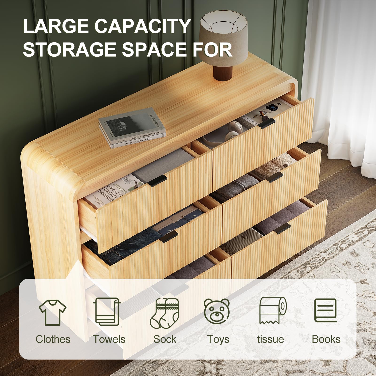 Fluted 6-Drawer Wooden Dresser, 54" Wide with Metal Handles, Curved Design, Modern Storage Organizer for Bedroom, Living Room, Natural Oak